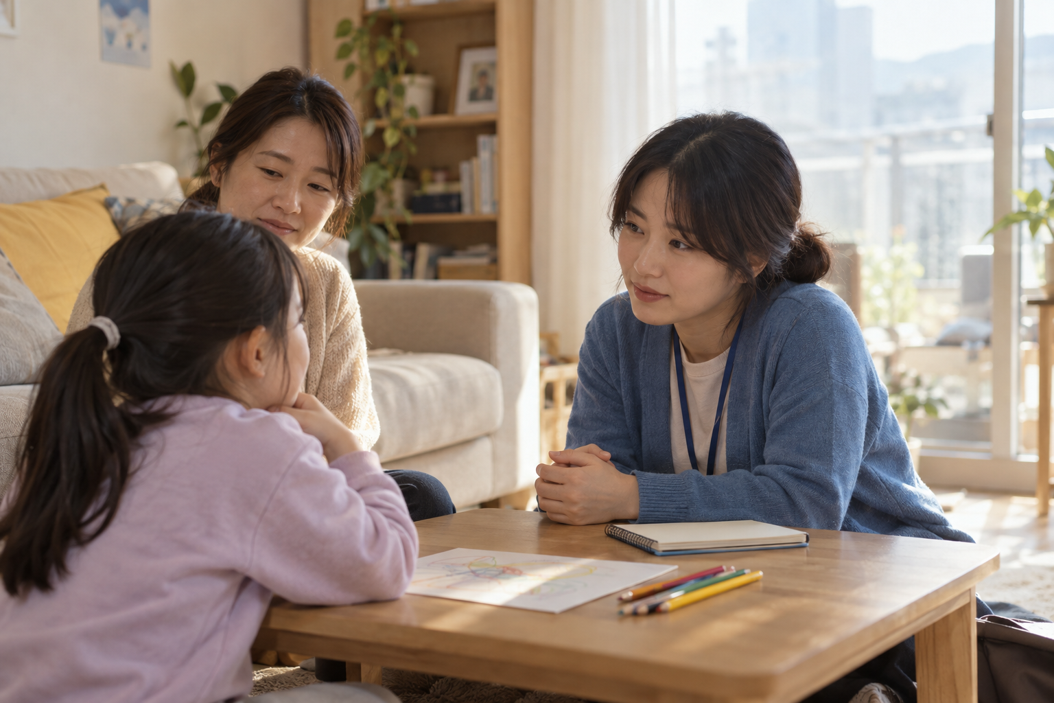 사회복지사가 가정에서 아이와 보호자의 이야기를 듣는 모습