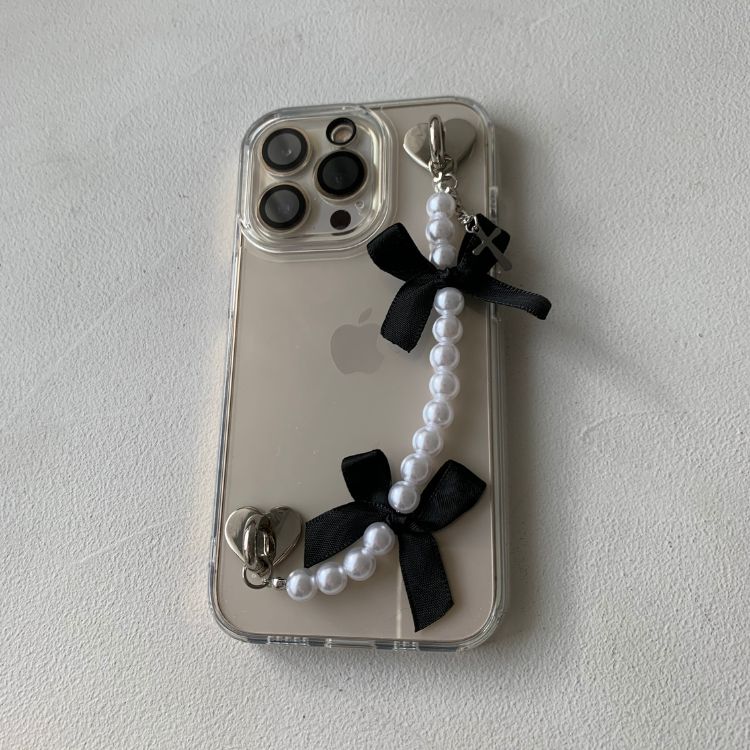 Black Ribbon Pearl Phone Strap Set