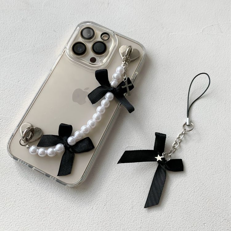 Black Ribbon Pearl Phone Strap Set