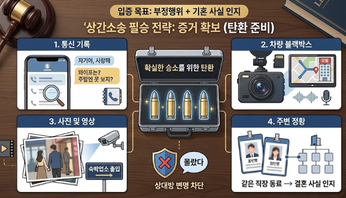 상간자 소송 승소를 위한 기혼 사실 인지 입증 4대 필수 증거(통신 기록, 블랙박스 등) 체크리스트 요약 이미지