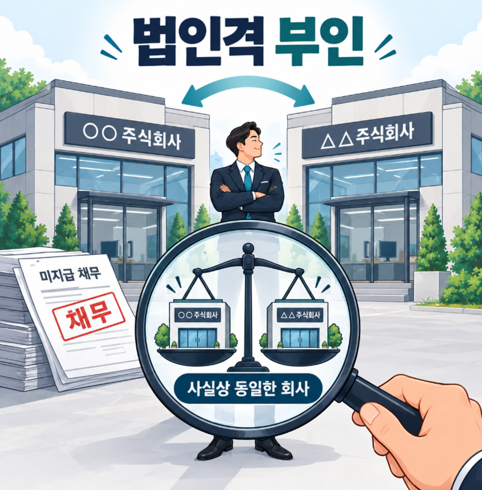 법인격 부인 법리에 따라 사실상 동일한 두 회사의 미지급 채무 책임을 판단하는 모습을 나타내는 이미지