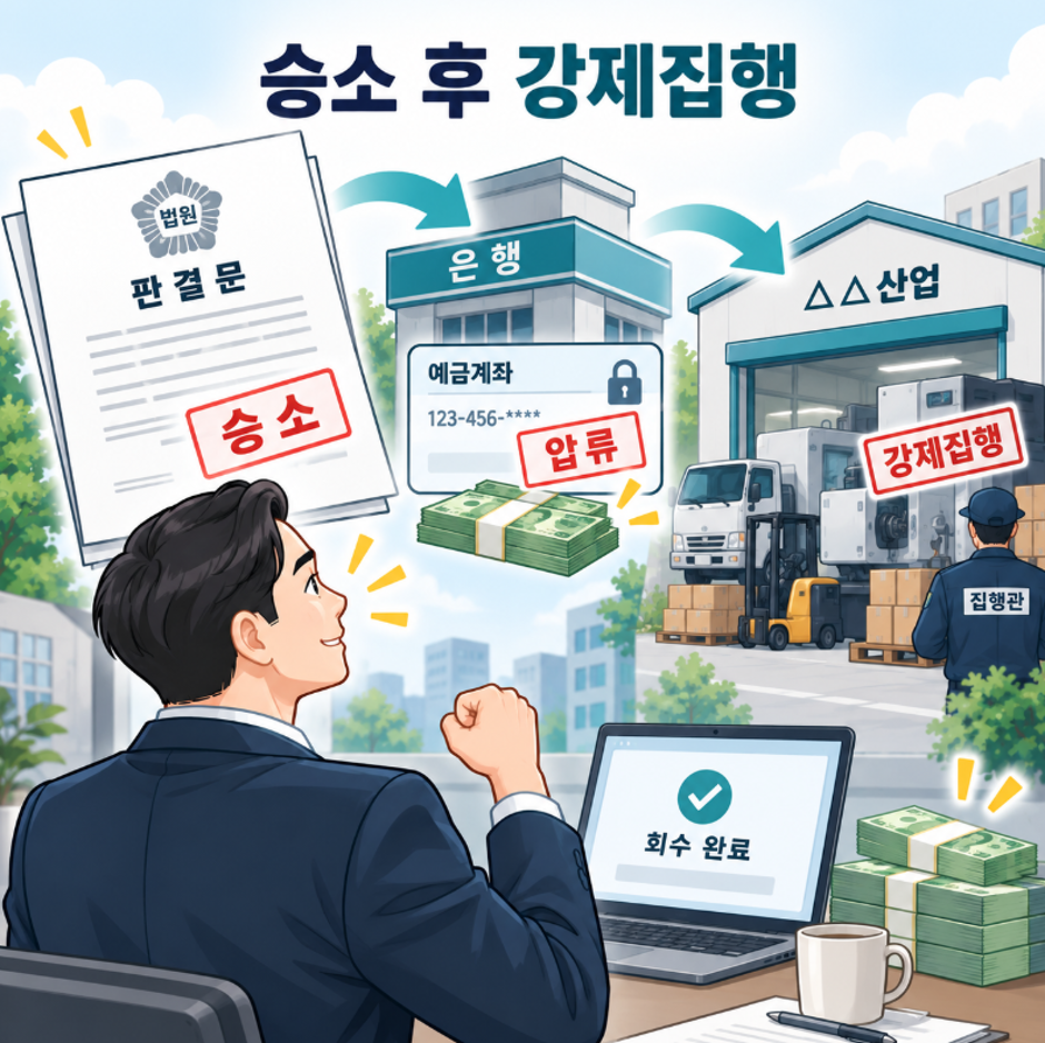 판결 확보 후 예금채권 압류부터 강제집행을 거쳐 실제 회수까지 이어지는 절차를 나타내는 이미지