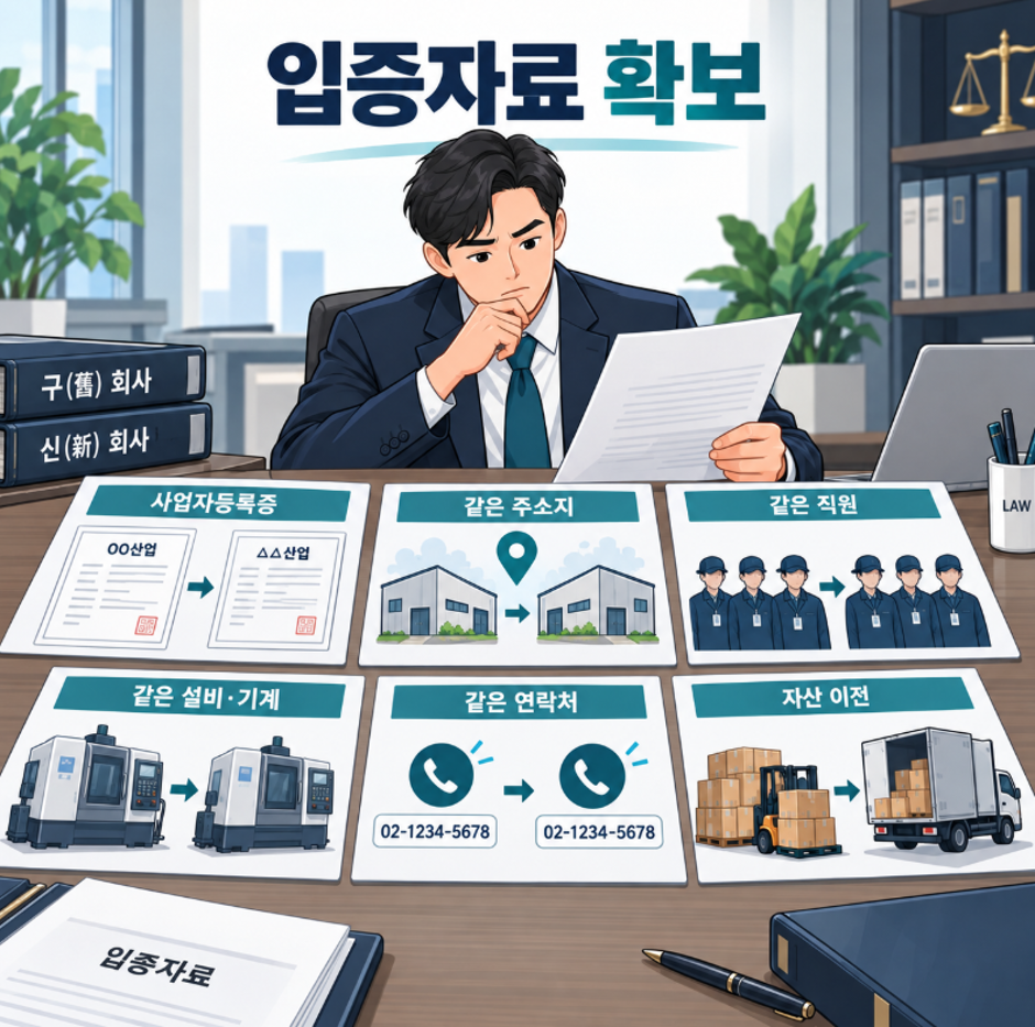 회사의 기본정보, 실제 경영자, 사업장·설비, 직원·거래관계, 자산 이전 대가 등 두 회사의 관계를 밝힐 입증자료를 확보하는 이미지