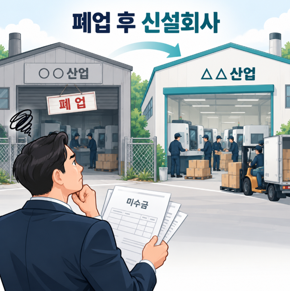 폐업한 회사와 같은 사장이 운영하는 신설회사로 설비와 직원이 그대로 이전되는 모습을 나타내는 이미지