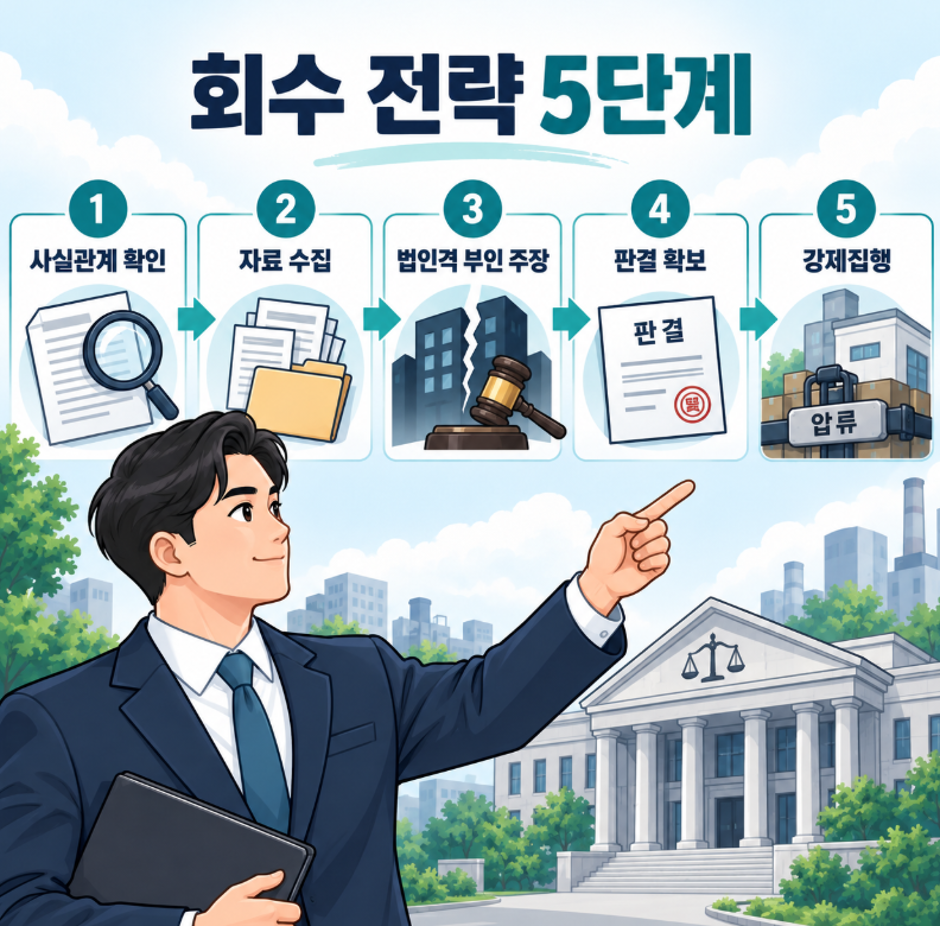 사실관계 확인부터 자료수집, 법인격 부인 주장, 판결 확보, 강제집행까지 5단계 회수 전략을 나타내는 이미지