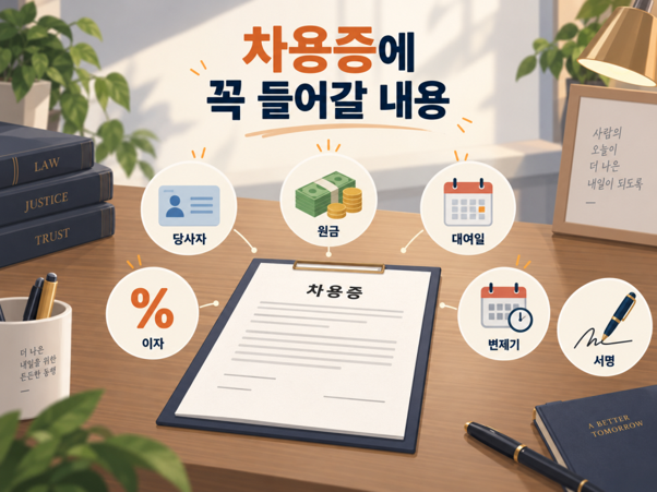 차용증에 적어야 할 필수 기재사항(당사자, 대여원금, 대여일, 이자, 변제기, 변제방법)을 정리한 이미지