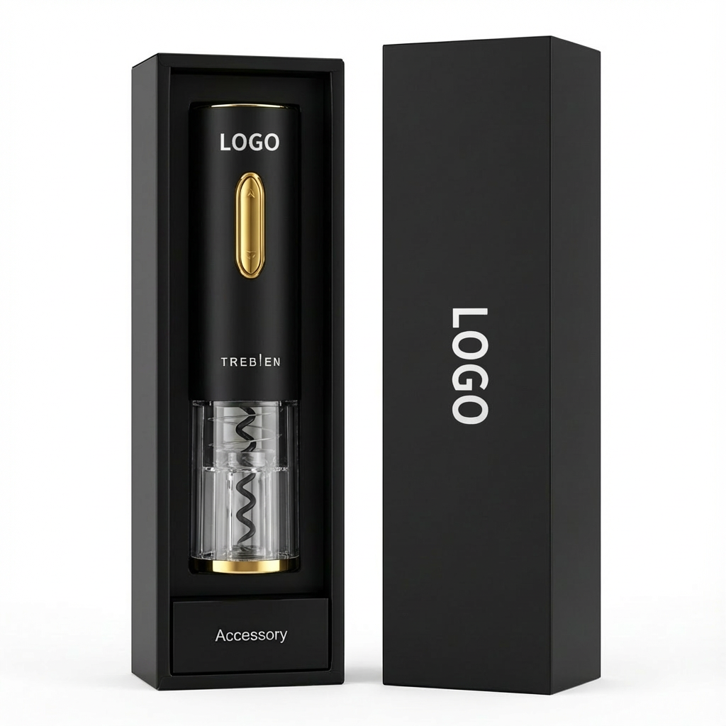 기업 로고가 인쇄된 블랙 골드 디자인의 트레비앙 전동 와인오프너와 전용 선물 상자 패키지
