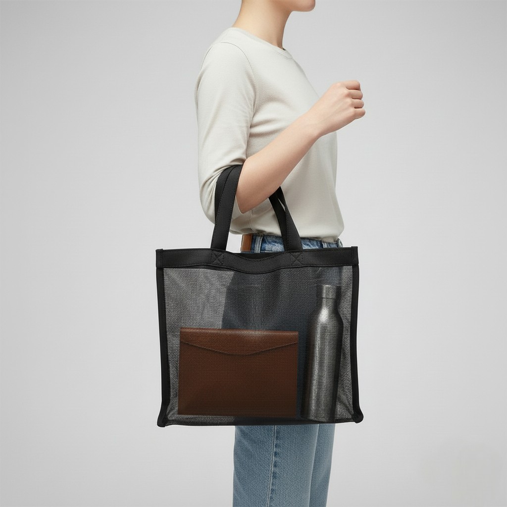 가벼운 폴리에스터 메쉬 토트, 블랙 바이어스 마감과 짧은 핸들, 전시·세미나 키트 및 기념품용 주문제작 가방