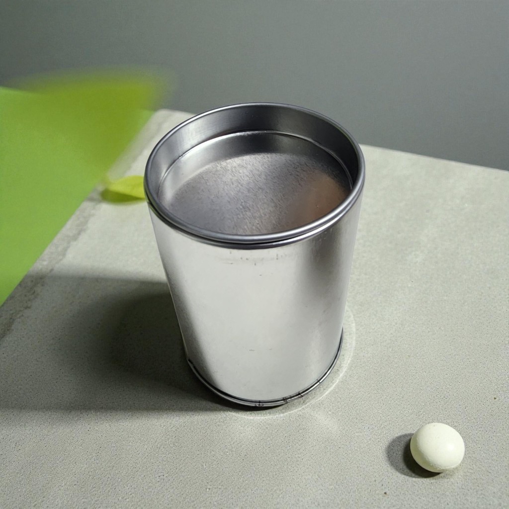 원통형 실버 틴케이스의 뚜껑을 연 깔끔한 내부 모습