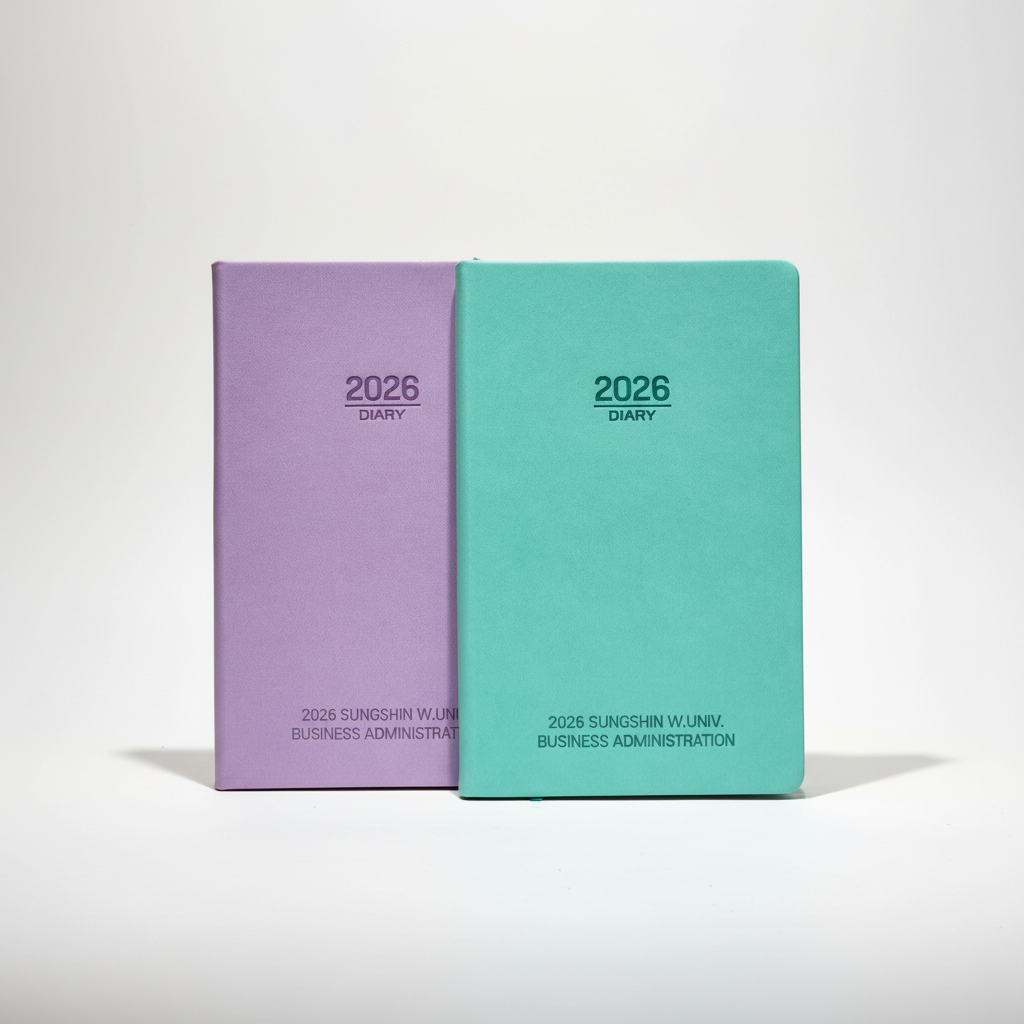 나란히 놓인 보라색과 민트색 2026년 커스텀 제작 다이어리 비교 모습