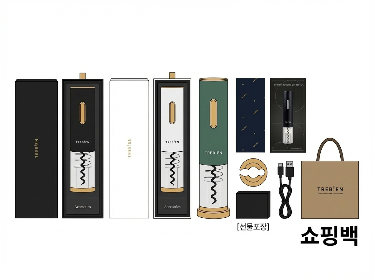 트레비앙 전동 와인오프너 풀패키지 구성품 모음 (블랙/화이트 하드케이스, 원통형 케이스, 호일커터, 충전 케이블, 쇼핑백)
