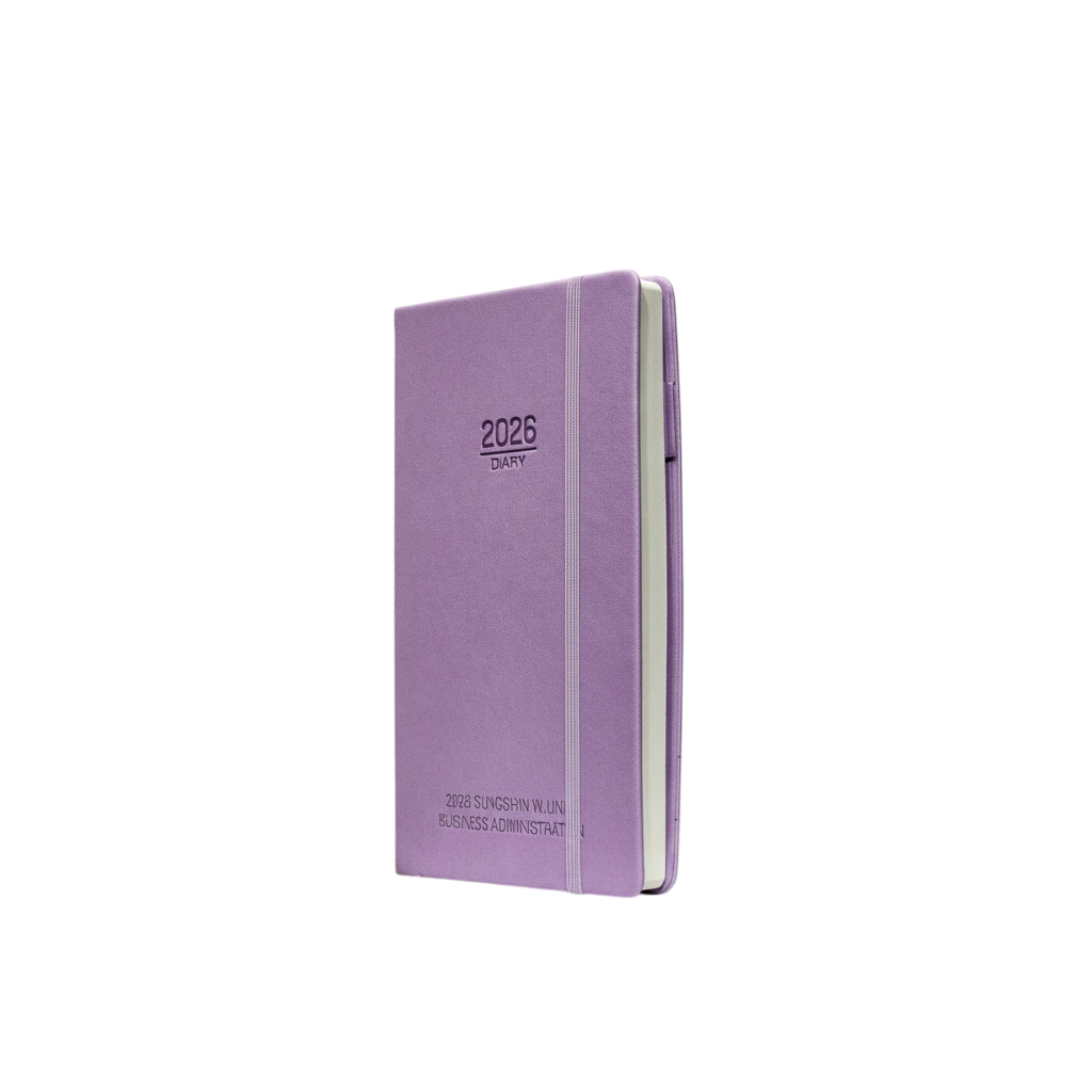 튼튼한 양장 제본과 고정 밴드가 특징인 2026년 다이어리 측면 상세 컷