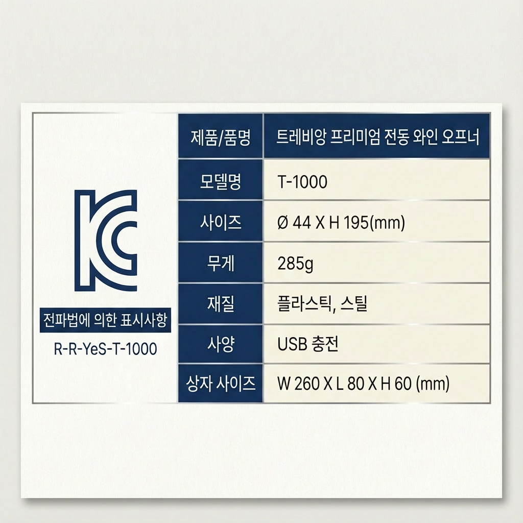 트레비앙 T-1000 전동 와인오프너 상세 스펙표 및 KC 전파 인증 정보