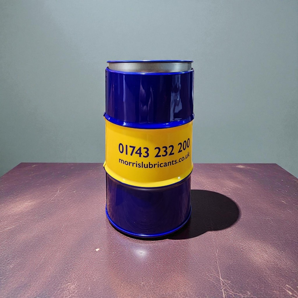 파란색과 노란색으로 인쇄된 'morris lubricants' 로고의 드럼통 모양 틴케이스 저금통