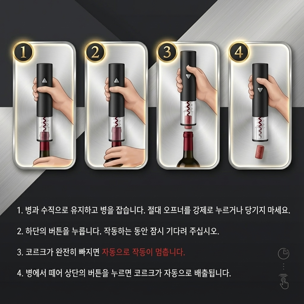 전동 와인오프너 사용 방법 4단계 설명 (코르크 자동 추출 및 배출 가이드)