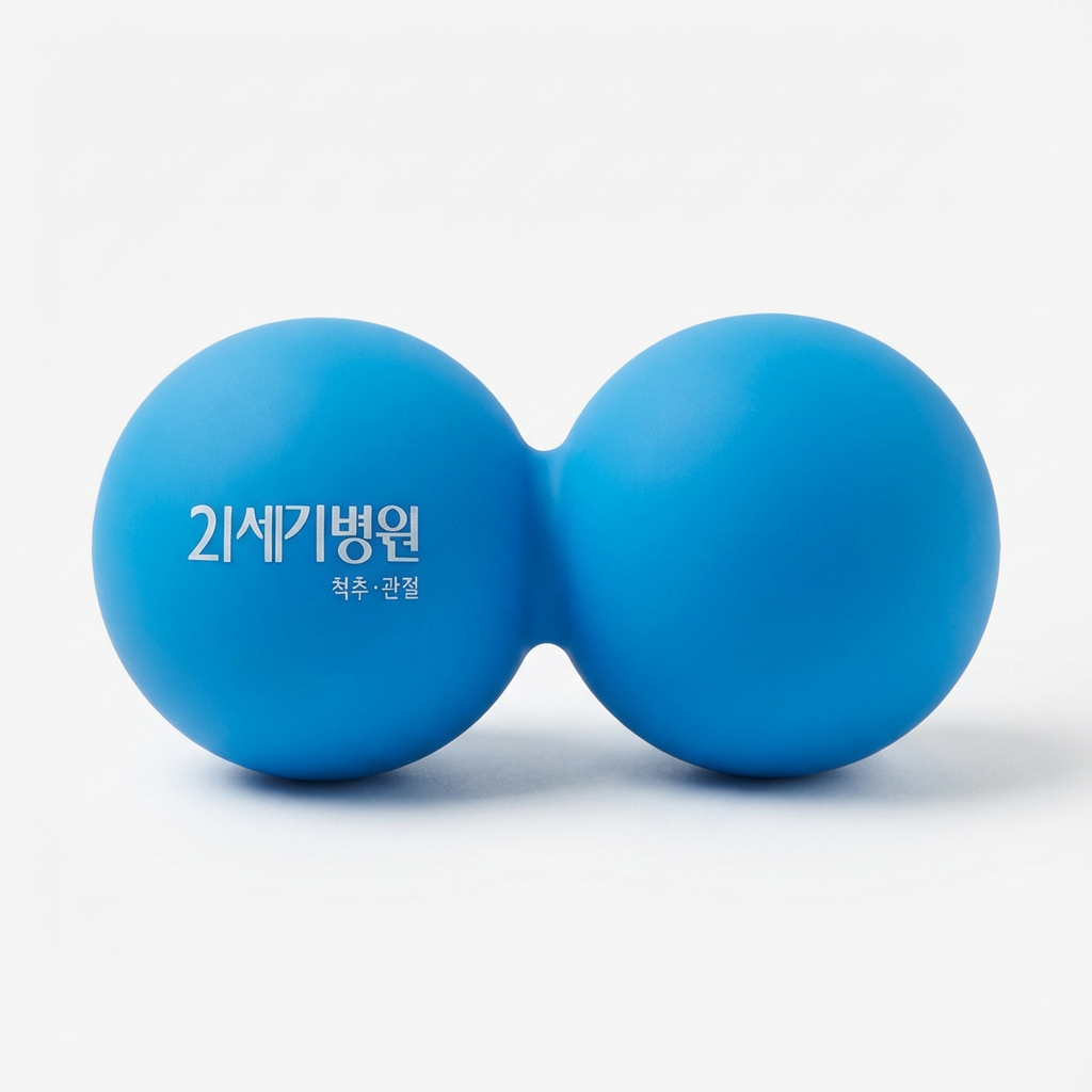 21세기병원 척추 관절 로고가 흰색으로 인쇄된 파란색 땅콩 마사지볼 정면
