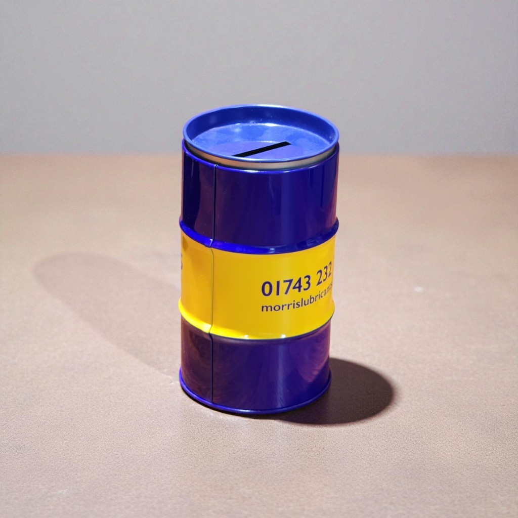 파란색과 노란색으로 인쇄된 'morris lubricants' 로고의 드럼통 모양 틴케이스 저금통