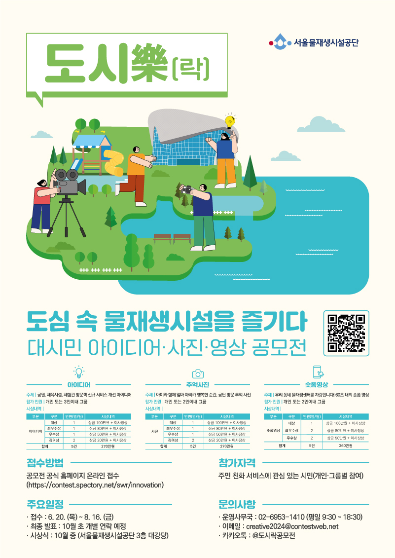 도시樂, 도심 속 물재생시설을 즐기다 대시민 아이디어·사진·영상 공모전   아이디어  - 주제 : 공원, 체육시설, 체험관 방문객 신규 서비스 개선 - 참가 인원 : 개인 또는 3인 이내 그룹 - 시상 내역 : 대상 1명(상금 100만원+이사장상), 최우수상 1명(상금 80만원+이사장상), 우수상 1명(상금 50만원+이사장상), 장려상 2명(상금 20만원+이사장상) - 합계 5건 총 270만원  추억사진 - 주제 : 아이와 함께 엄마 아빠가 행복한 순간, 공단 방문 추억 사진 - 참가 인원 : 개인 또는 2인 이내 그룹 - 시상 내역 : 대상 1명(상금 100만원+이사장상), 최우수상 1명(상금 80만원+이사장상), 우수상 1명(상금 50만원+이사장상), 장려상 2명(상금 20만원+이사장상) - 합계 5건 총 270만원  숏폼영상 - 주제 : 우리 동네 물재생센터를 자랑합니다! 60초 내외 숏폼 영상 - 참가 인원 : 개인 또는 2인 이내 그룹 - 시상 내역 : 대상 1명(상금 100만원+이사장상), 최우수상 2명(상금 80만원+이사장상), 우수상 2명(상금 50만원+이사장상) - 합계 5건 총 360만원  접수방법 : 공모전 공식 홈페이지 온라인 접수(https://contest.spectory.net/swr/innovation)  참가자격 : 주민 친화 서비스에 관심 있는 시민(개인·그룹별 참여)  주요일정 - 접수 : 6월 20일 목요일부터 8월 16일 금요일까지 - 최종 발표 : 10월 초 개별 연락 예정 - 시상식 : 10월 중(서울물재생시설공단 3층 대강당)  문의사항 - 운영사무국 : 02-6953-1410(평일 9시 30분부터 18시 30분까지 운영) - 이메일 : creative2024@contestweb.net - 카카오톡 : @도시락공모전