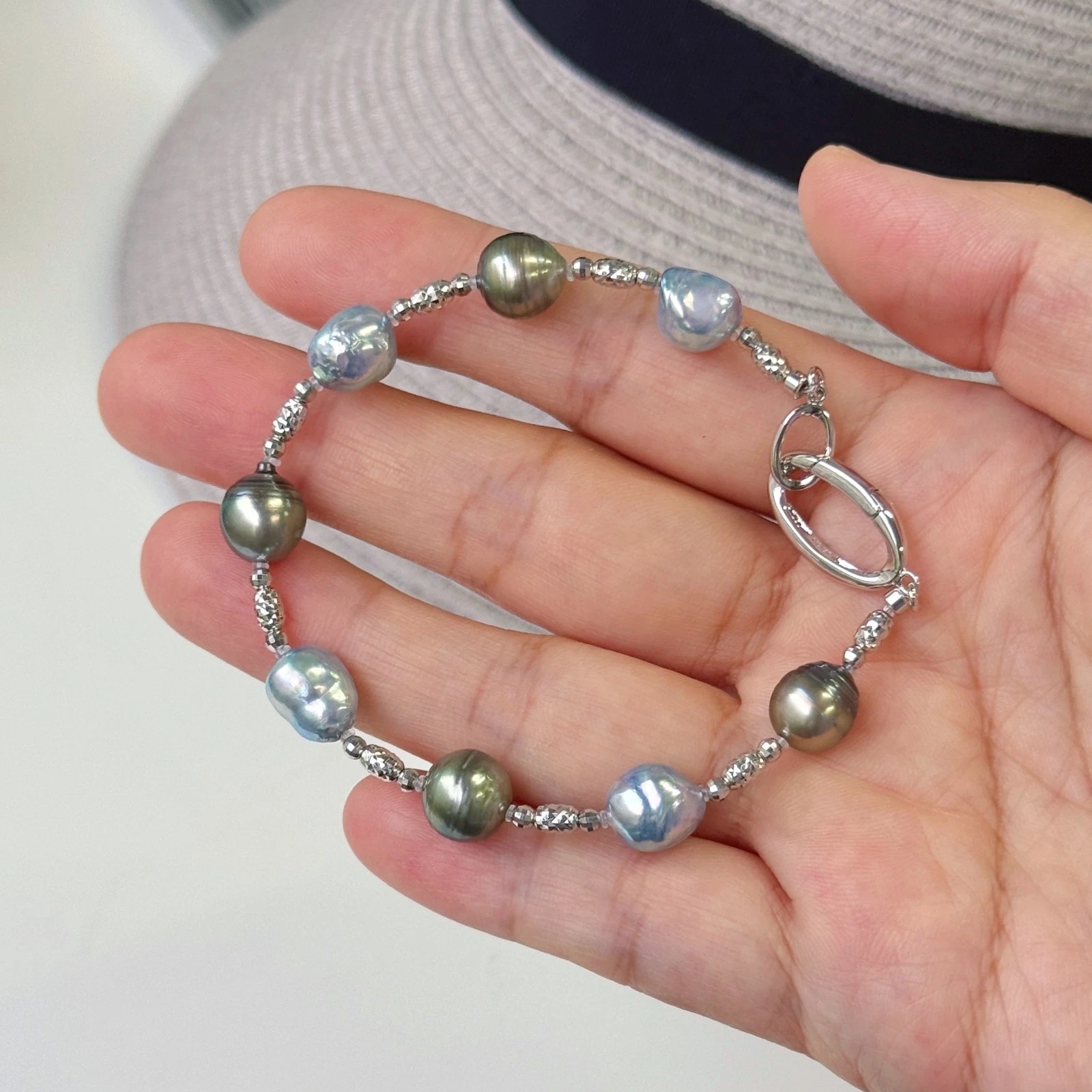 8.5~9.4mm 멀티컬러타히티흑진주&아코야진주실버팔찌 ​