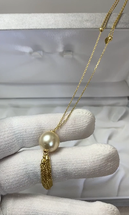 11.6mm 샴페인골드컬러남양진주 18K골드태슬목걸이