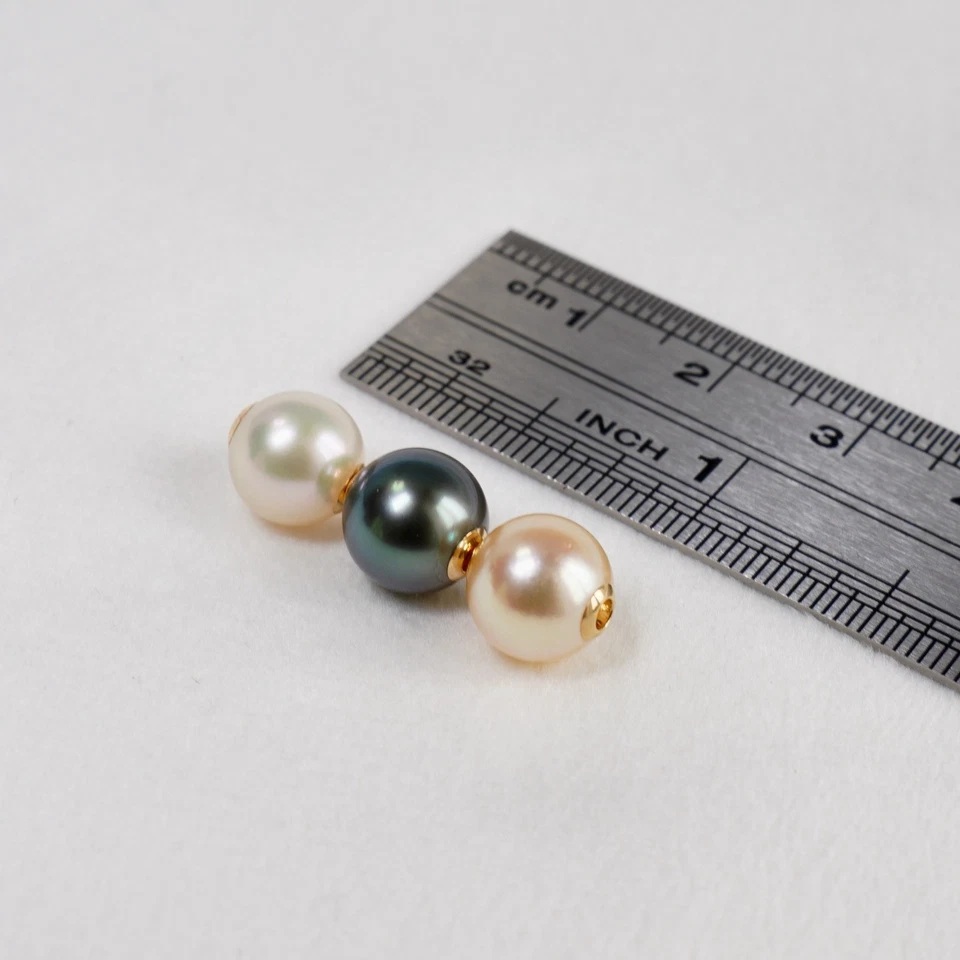 3pcs 8.1~8.5mm대 멀티컬러아고야진주&타히티흑진주 18k골드관통형팬던트