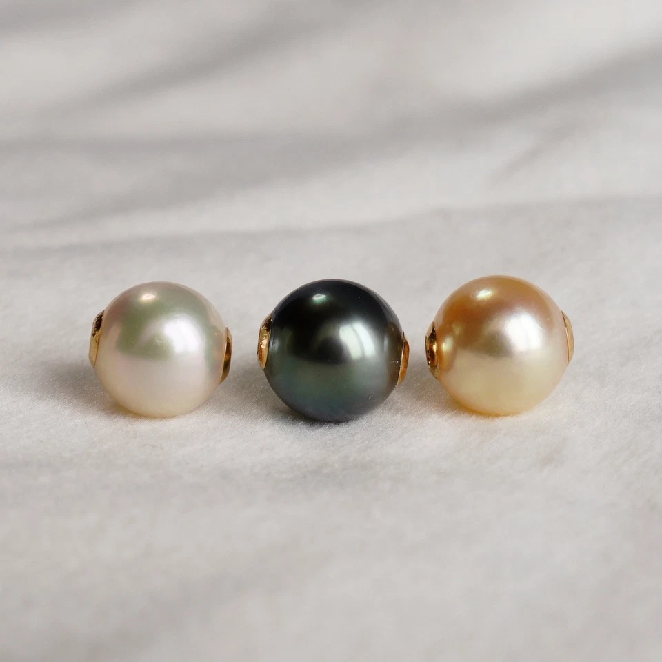3pcs 8.1~8.5mm대 멀티컬러아고야진주&타히티흑진주 18k골드관통형팬던트