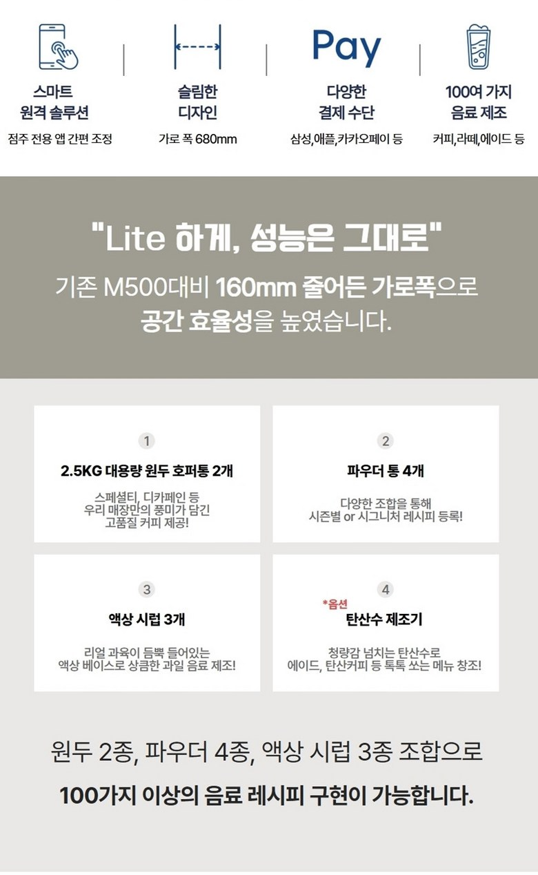 메일빈 신제품 최신형 무인 카페 원두 커피머신 M500 lite