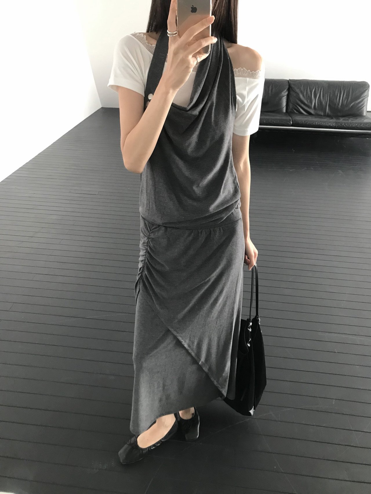 마크 언발란스 셔링 트임 밴딩 여성 여름 레이어드 투피스 맥시 롱 스커트 (그레이, 차콜, 블랙)