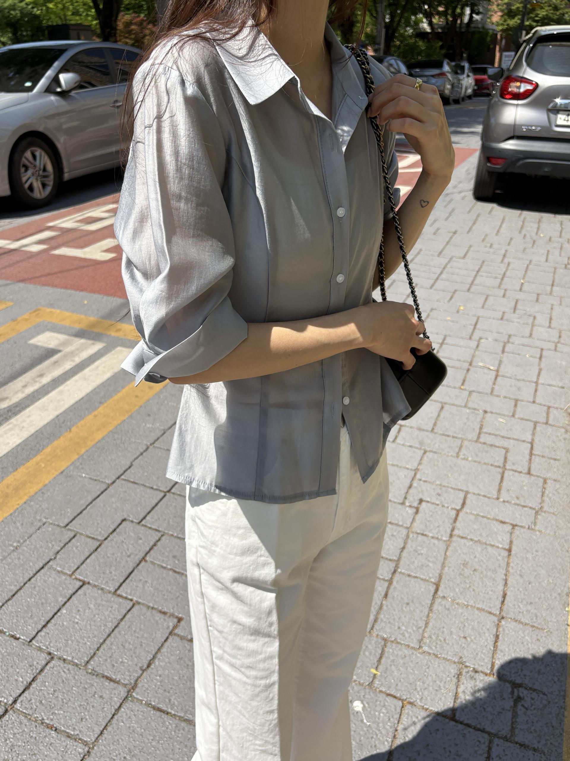 퓨리 실키 시스루 슬림 라인 여름 7부 셔츠 블라우스 | 3color