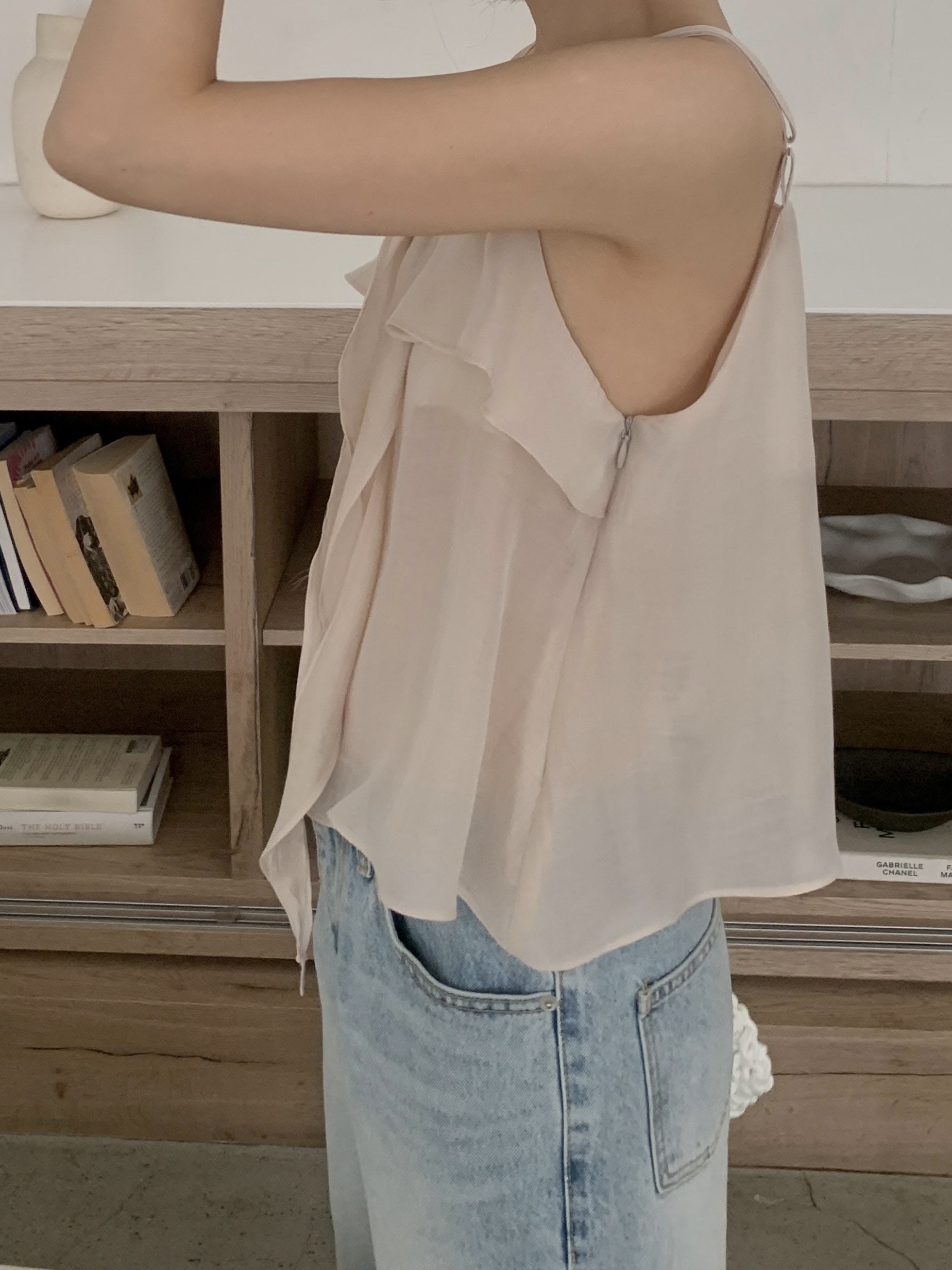 프릴 리본 쉬폰 스퀘어넥 여름 레이어드 끈나시 블라우스 | 3color