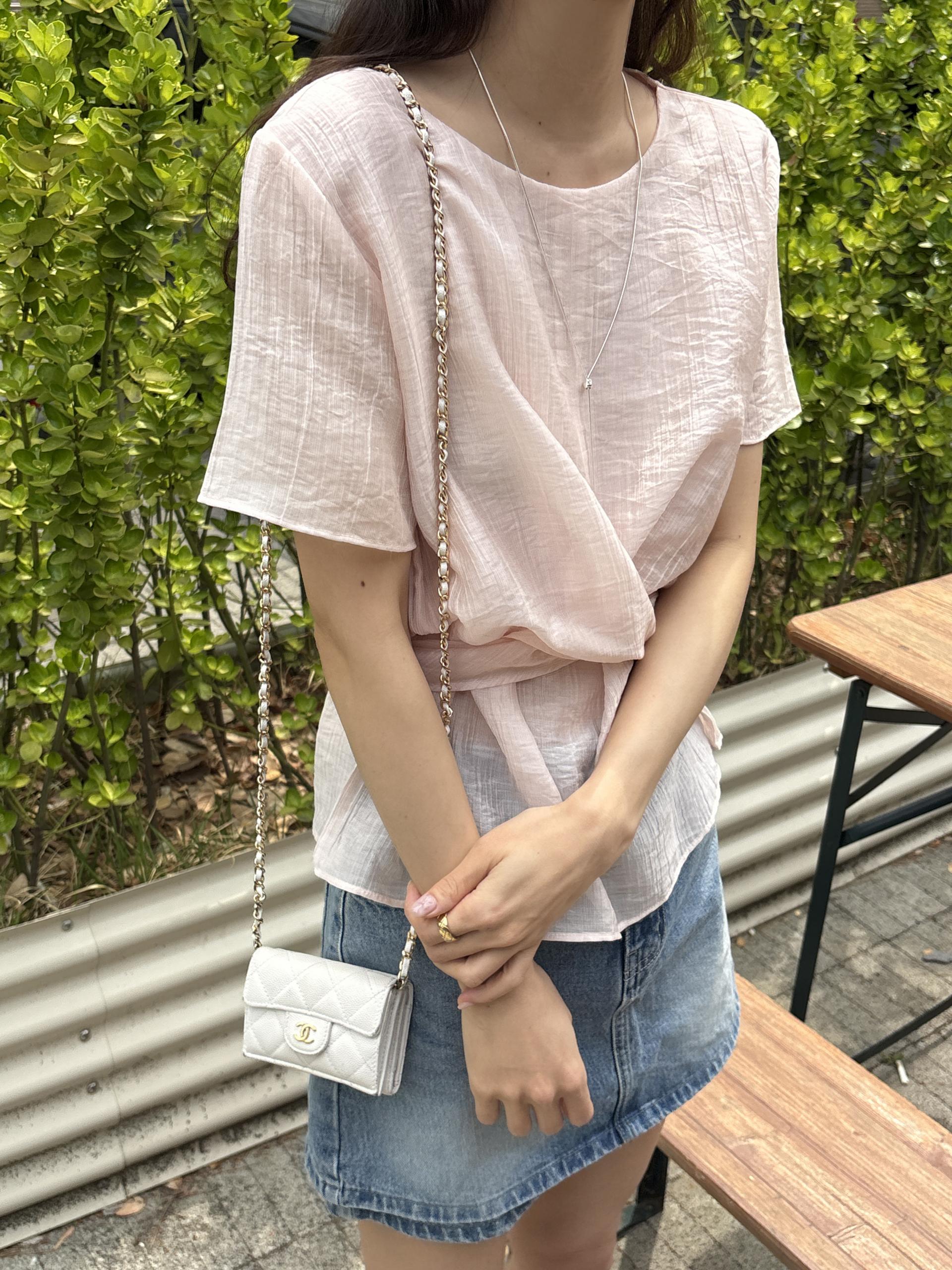 텐셀 파스텔 허리 라인 셔링 랩 꼬임 여름 블라우스 | 4color