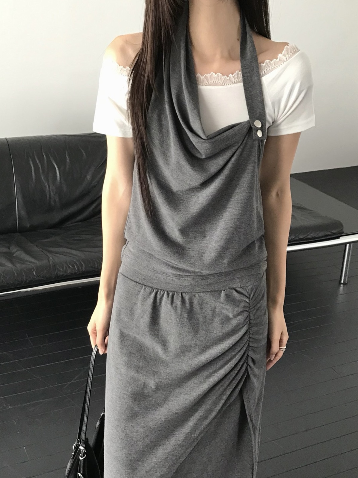 마크 언발란스 셔링 트임 밴딩 여성 여름 레이어드 투피스 맥시 롱 스커트 (그레이, 차콜, 블랙)