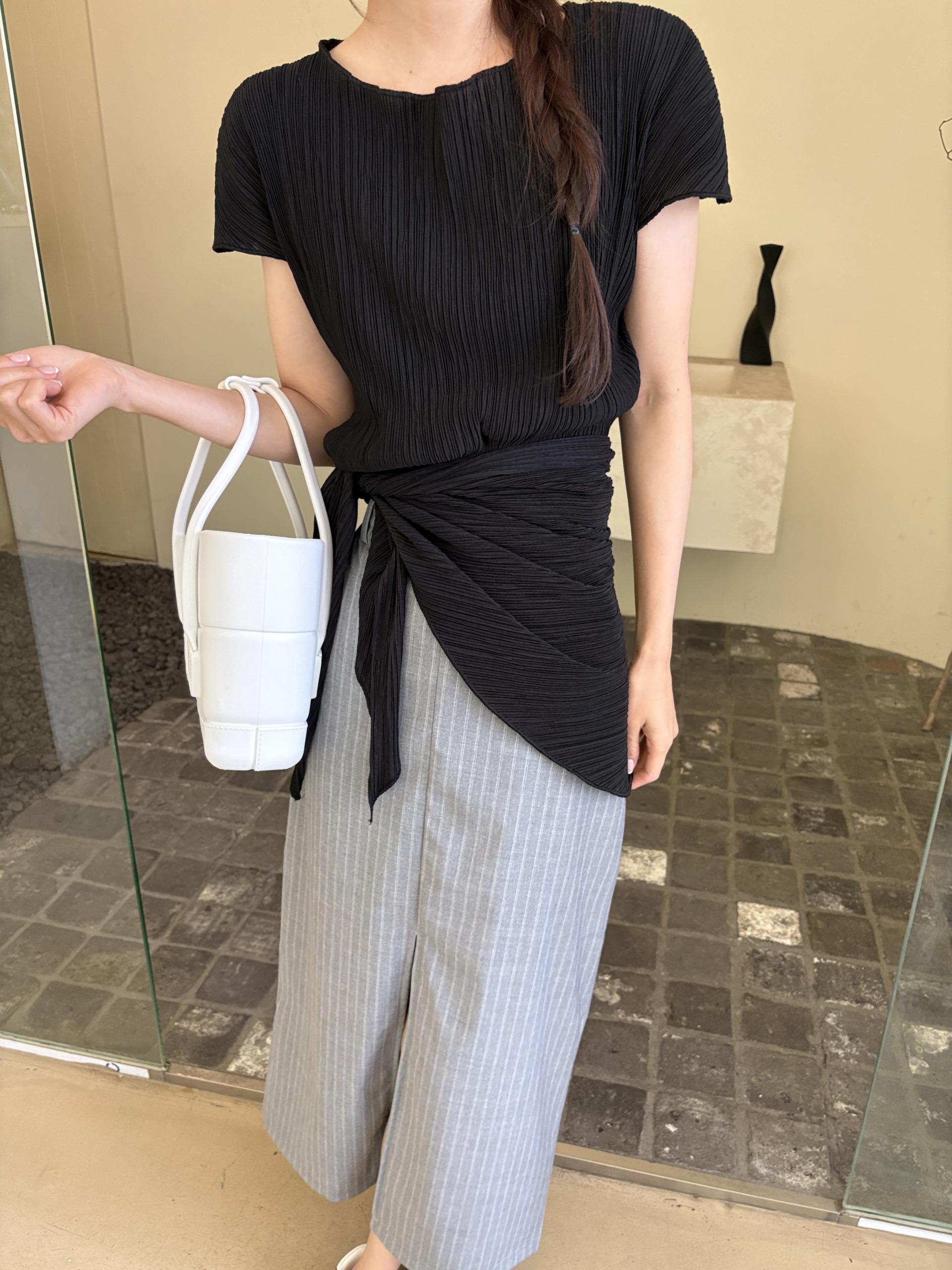 플리츠 스카프 숄 세트 보트넥 여름 캡소매 블라우스 | 4color