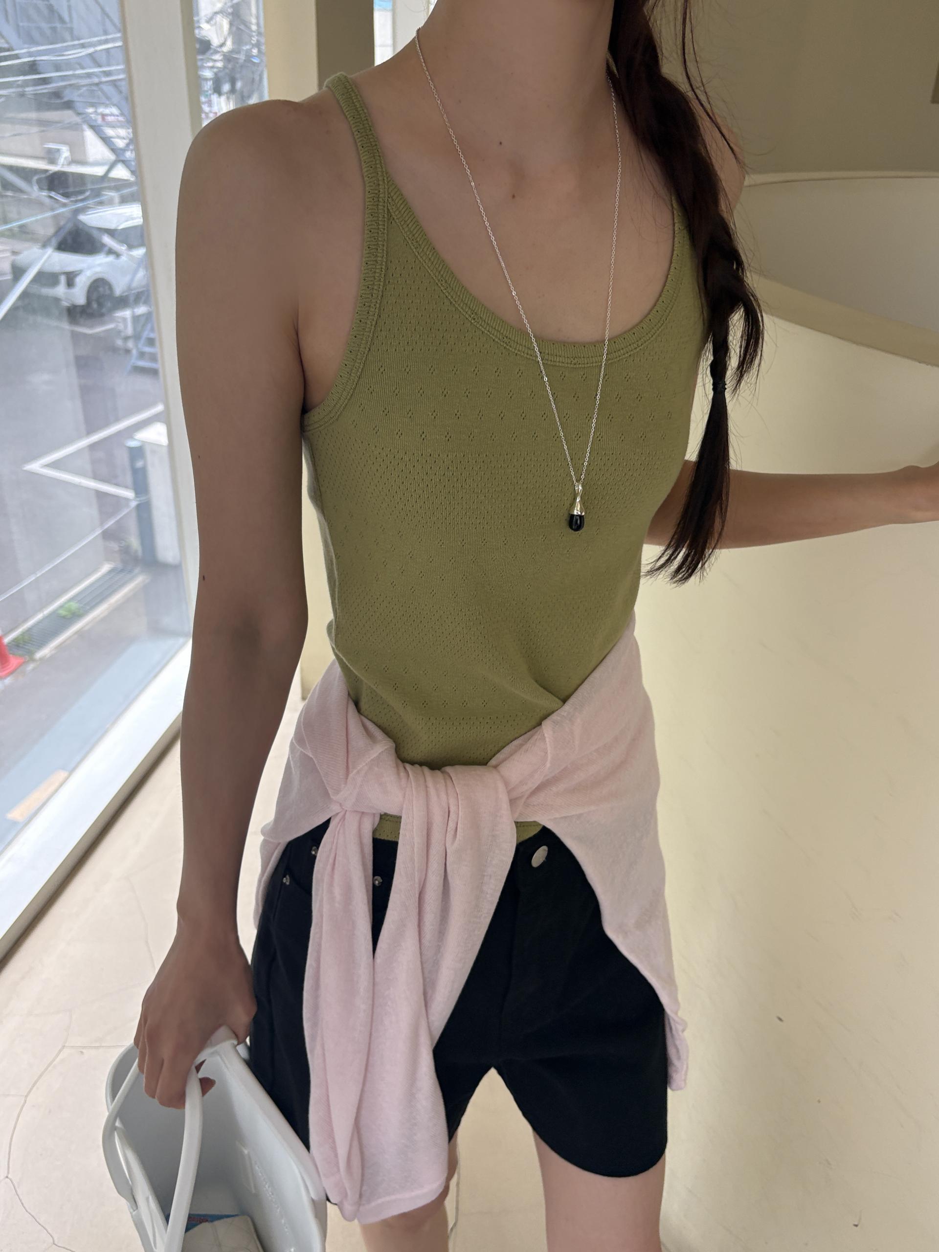 아일렛 펀칭 코튼 레이어드 여름 슬리브리스 티셔츠 | 4color