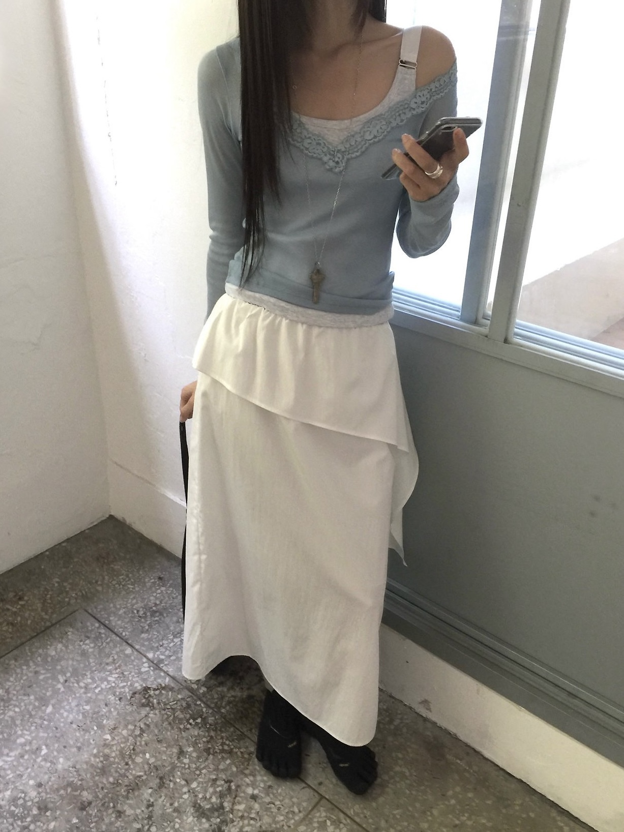 레이스 딥 브이넥 시스루 레이어드 여름 얇은 긴팔 티셔츠 | 4color