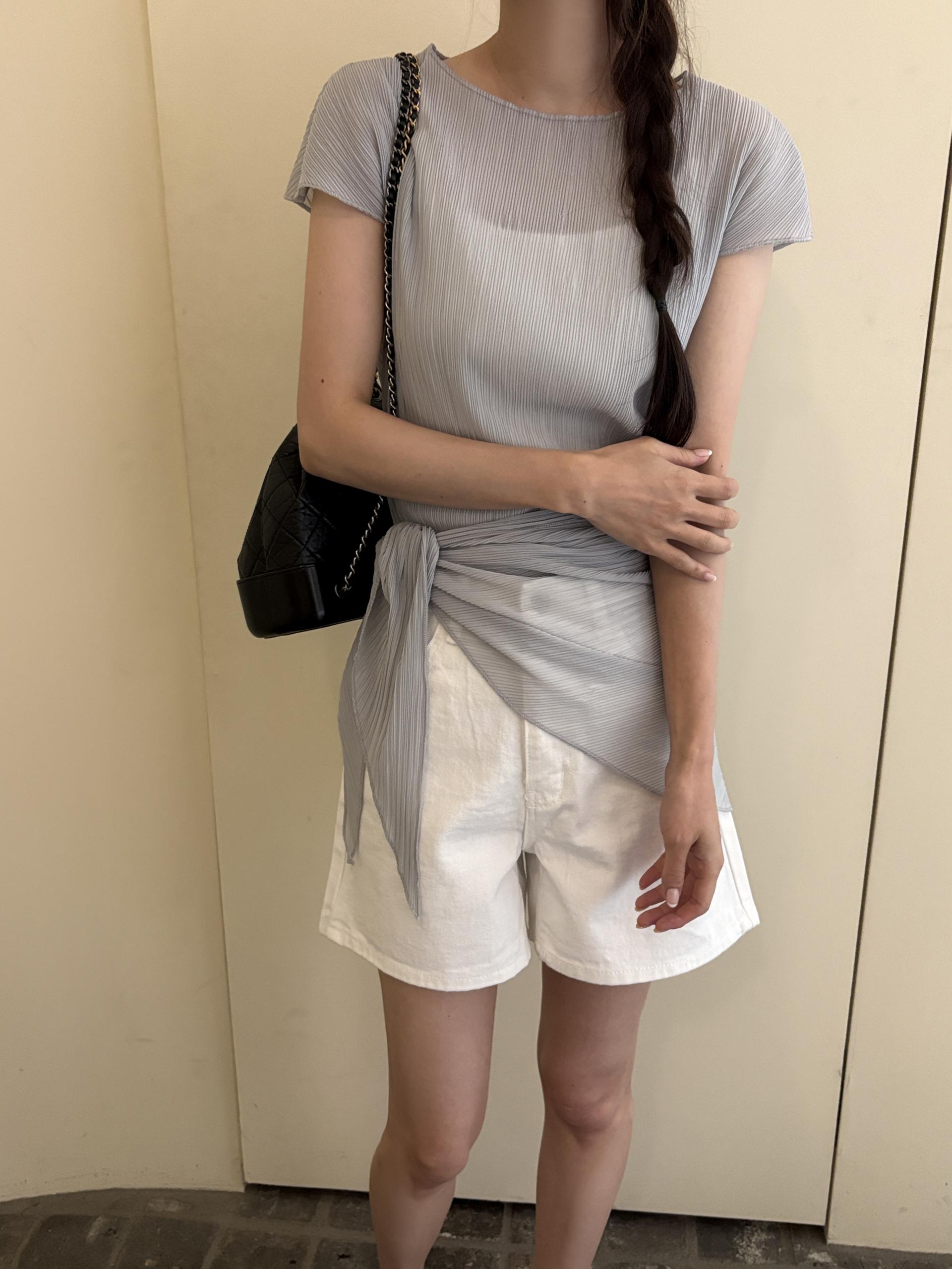 플리츠 스카프 숄 세트 보트넥 여름 캡소매 블라우스 | 4color