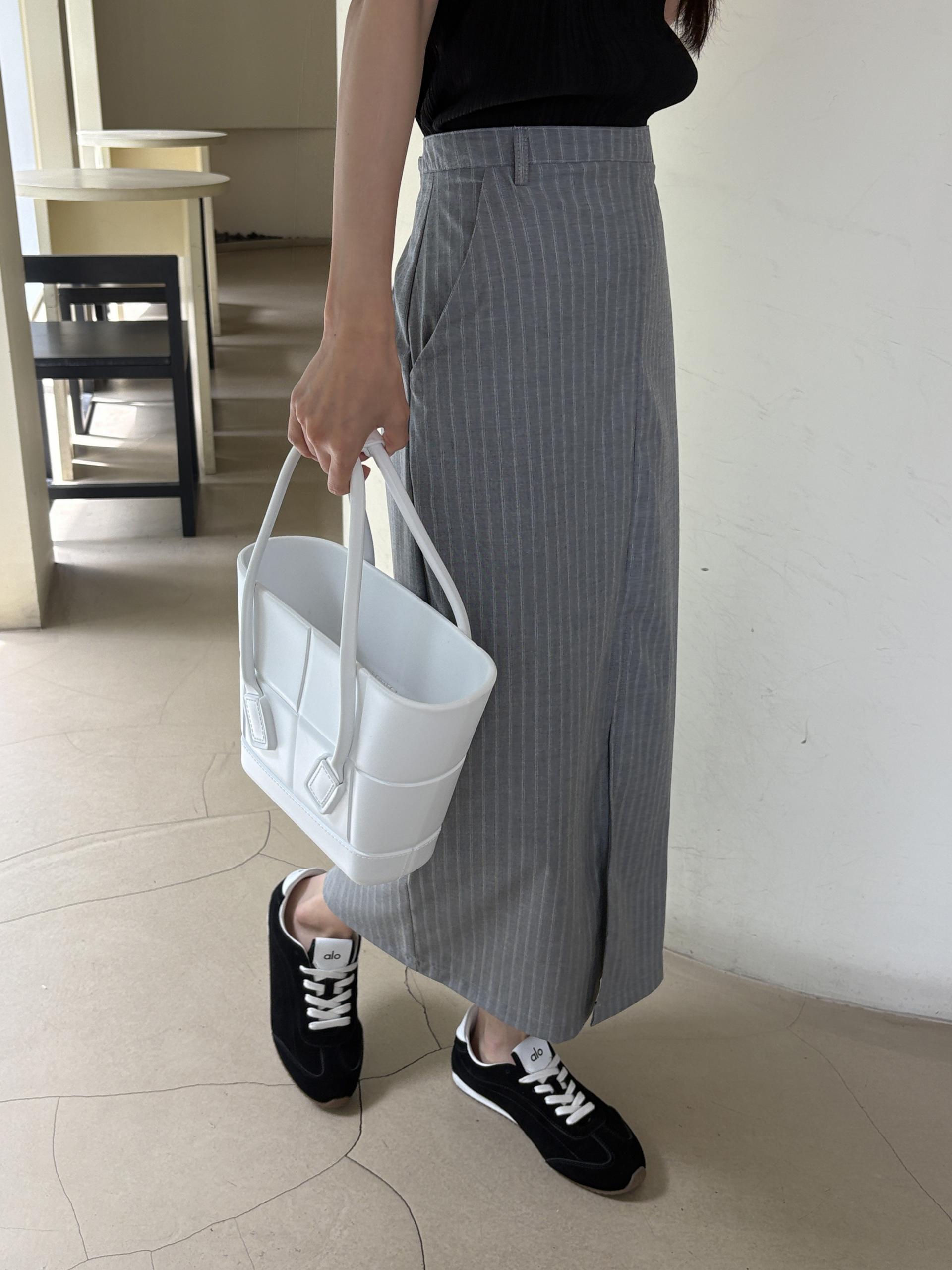 슬릿 스트라이프 H라인 일자핏 하이웨스트 여름 롱 스커트 | 2color