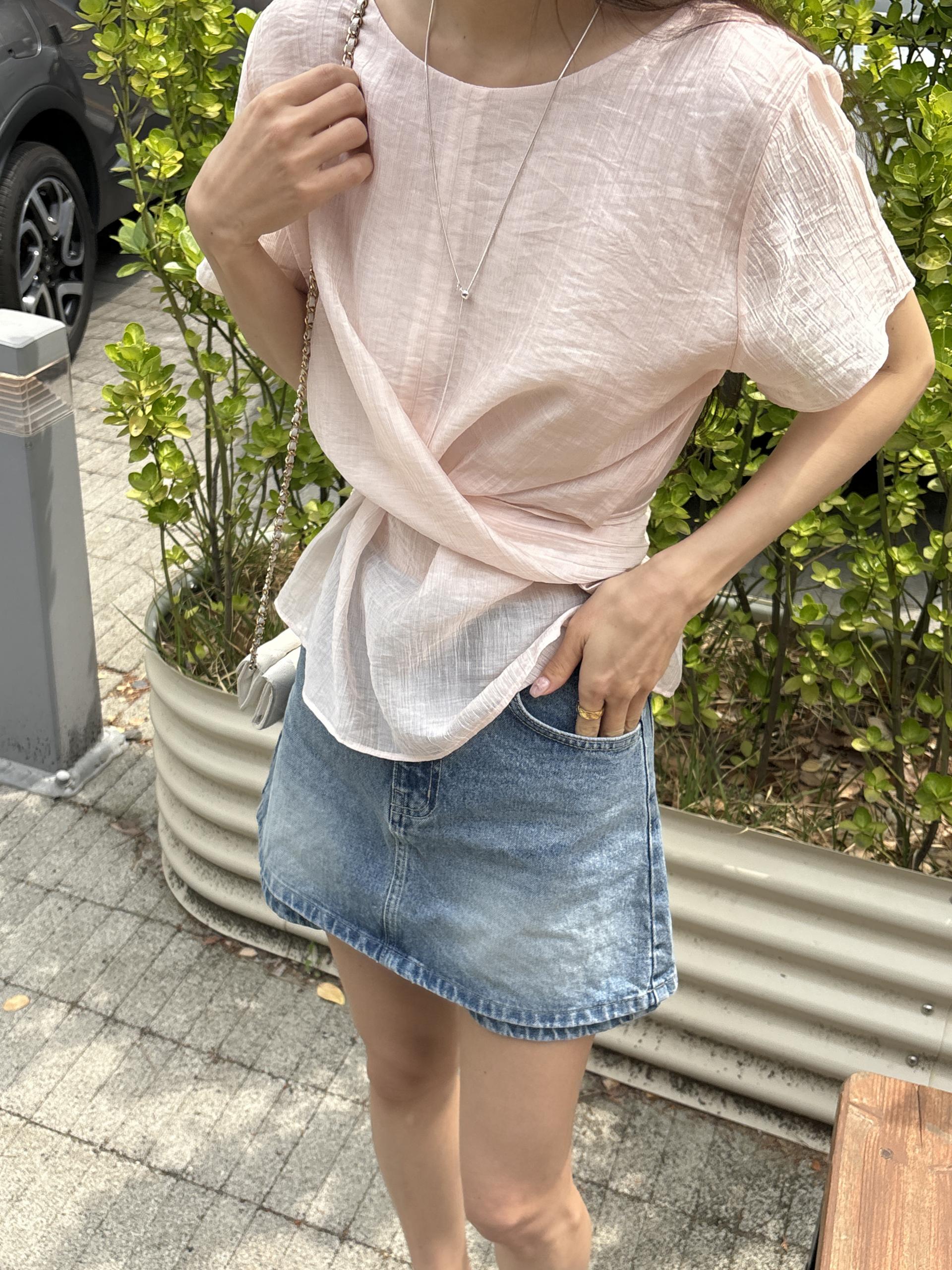 텐셀 파스텔 허리 라인 셔링 랩 꼬임 여름 블라우스 | 4color