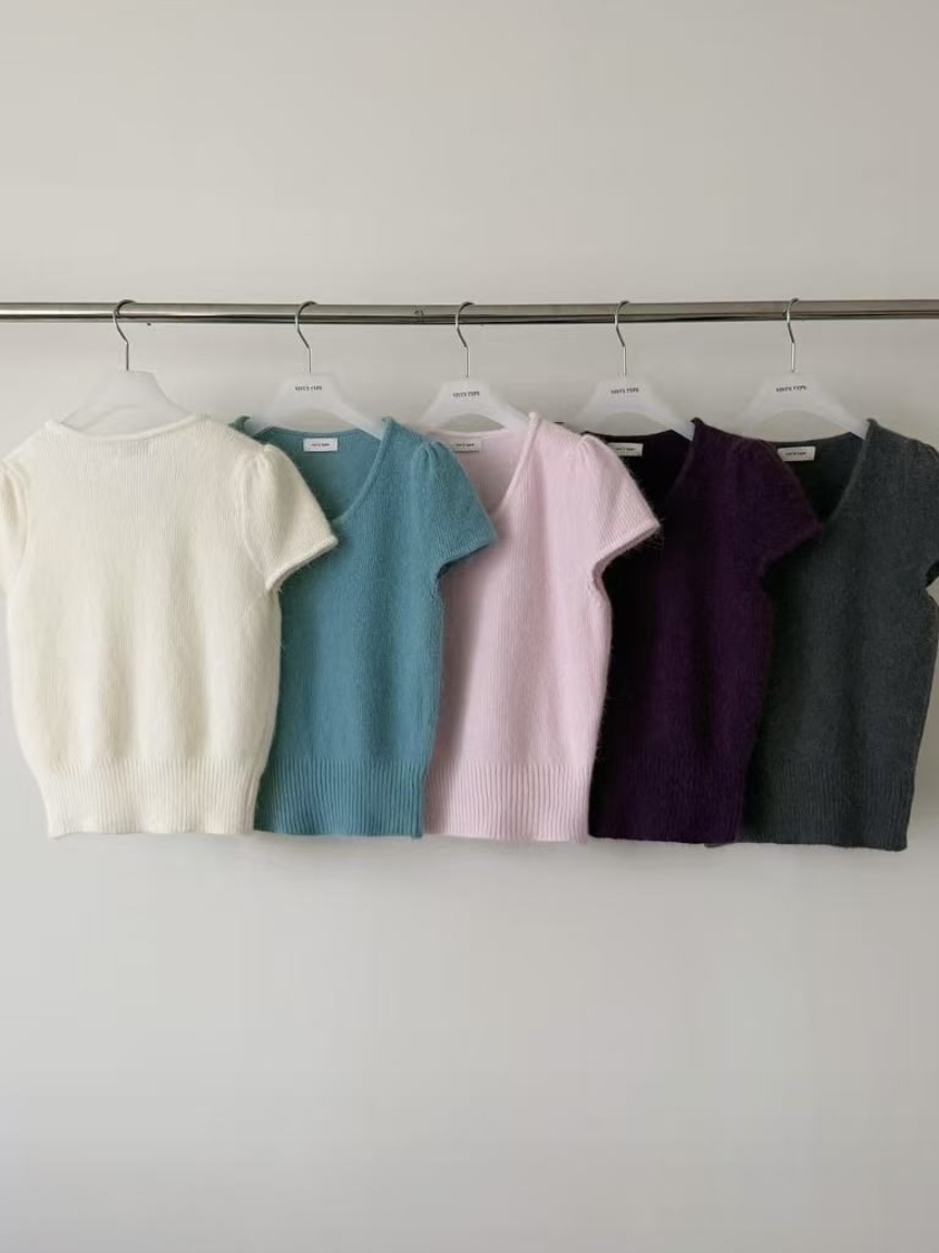 래빗 앙고라 울 유넥 퍼프 봄 레이어드 반팔 크롭 니트 | 9color