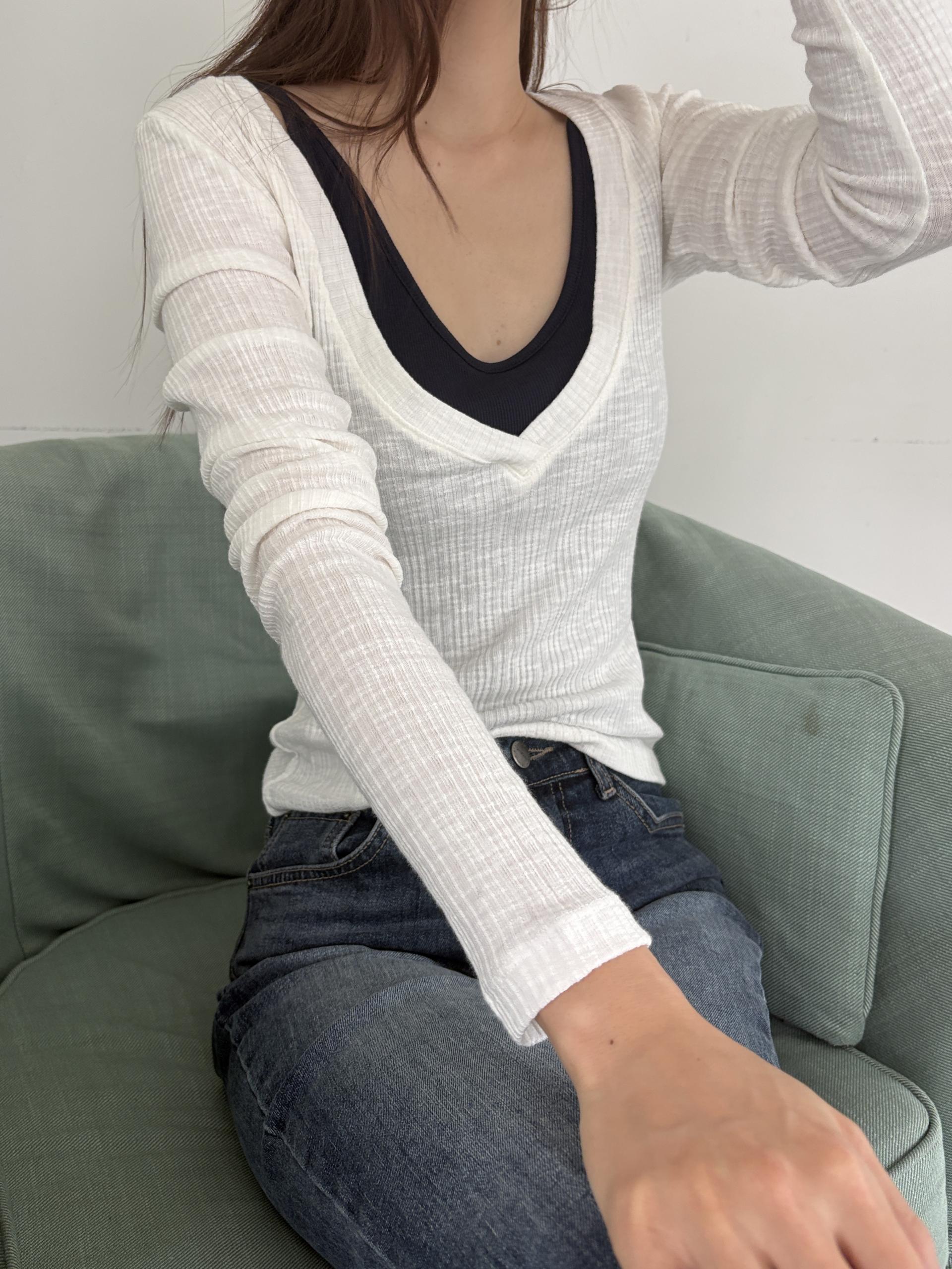 슬림 딥 브이넥 골지 가을 레이어드 긴팔 티셔츠 | 5color