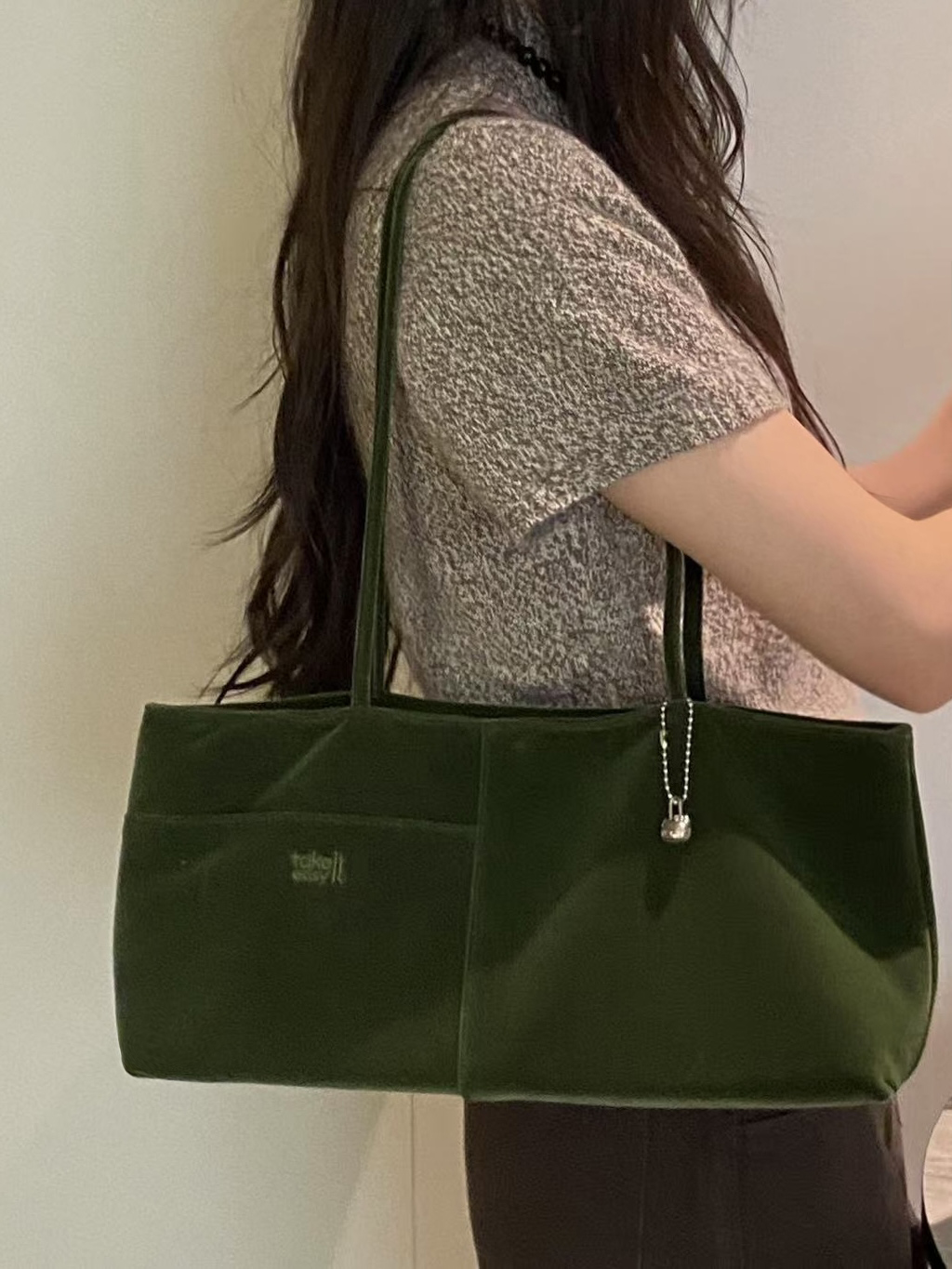 벨벳 키링 바게트 스퀘어 직사각 가을 경량 무지 숄더백 | 11color