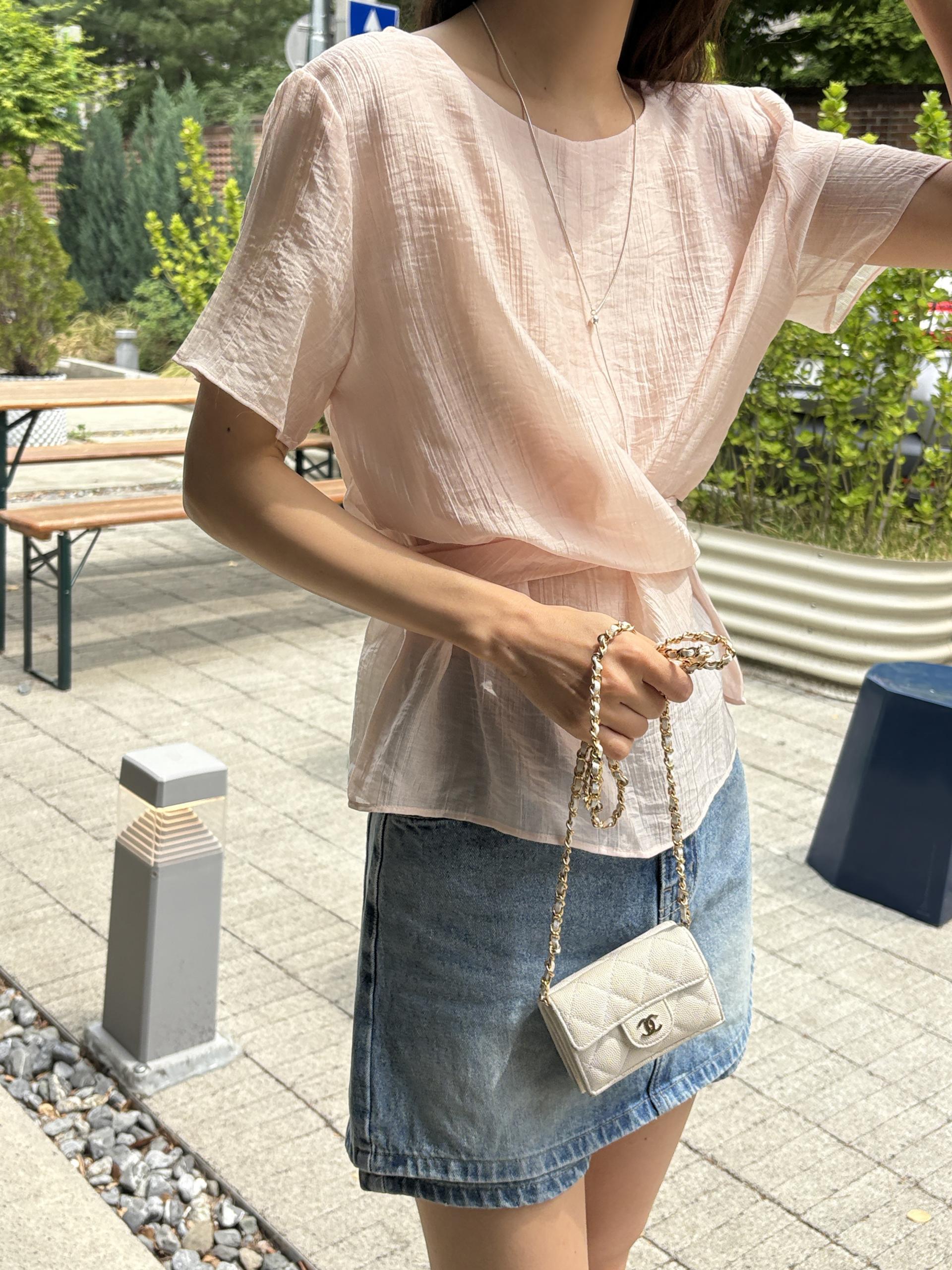 텐셀 파스텔 허리 라인 셔링 랩 꼬임 여름 블라우스 | 4color