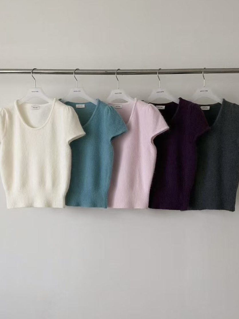 래빗 앙고라 울 유넥 퍼프 봄 레이어드 반팔 크롭 니트 | 9color