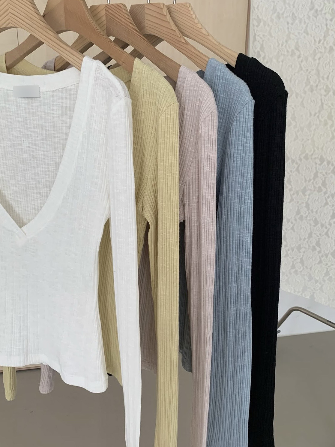 슬림 딥 브이넥 골지 가을 레이어드 긴팔 티셔츠 | 5color