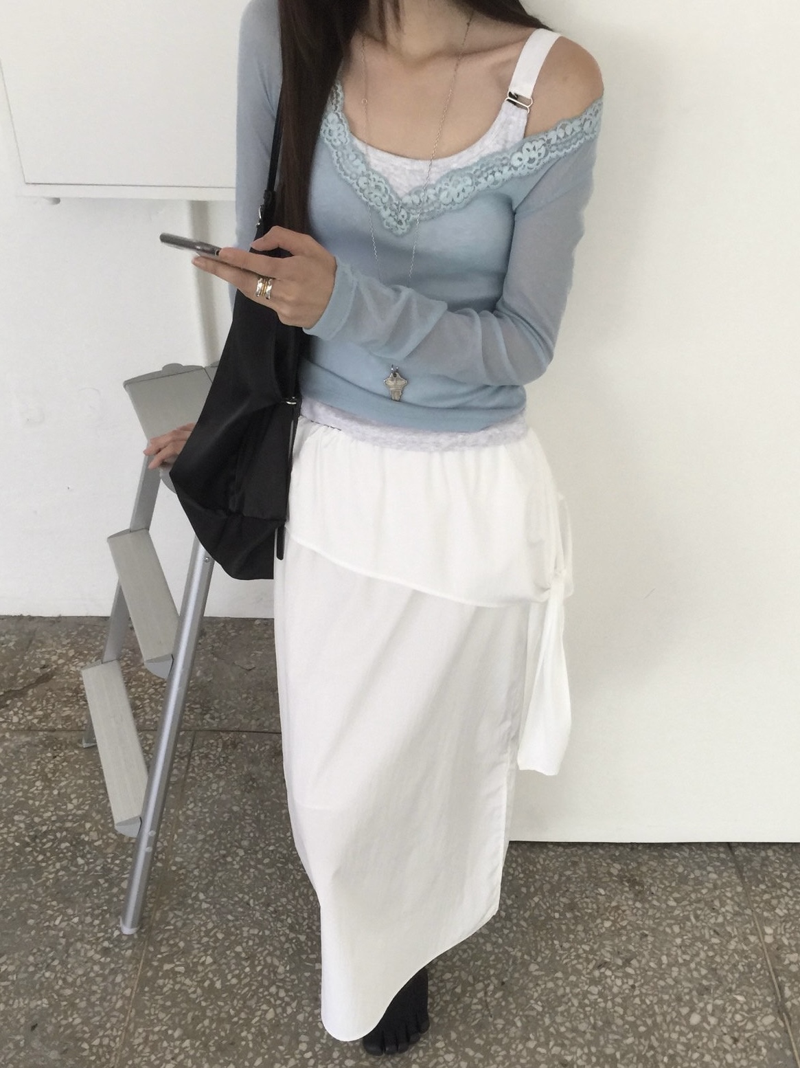 레이스 딥 브이넥 시스루 레이어드 여름 얇은 긴팔 티셔츠 | 4color