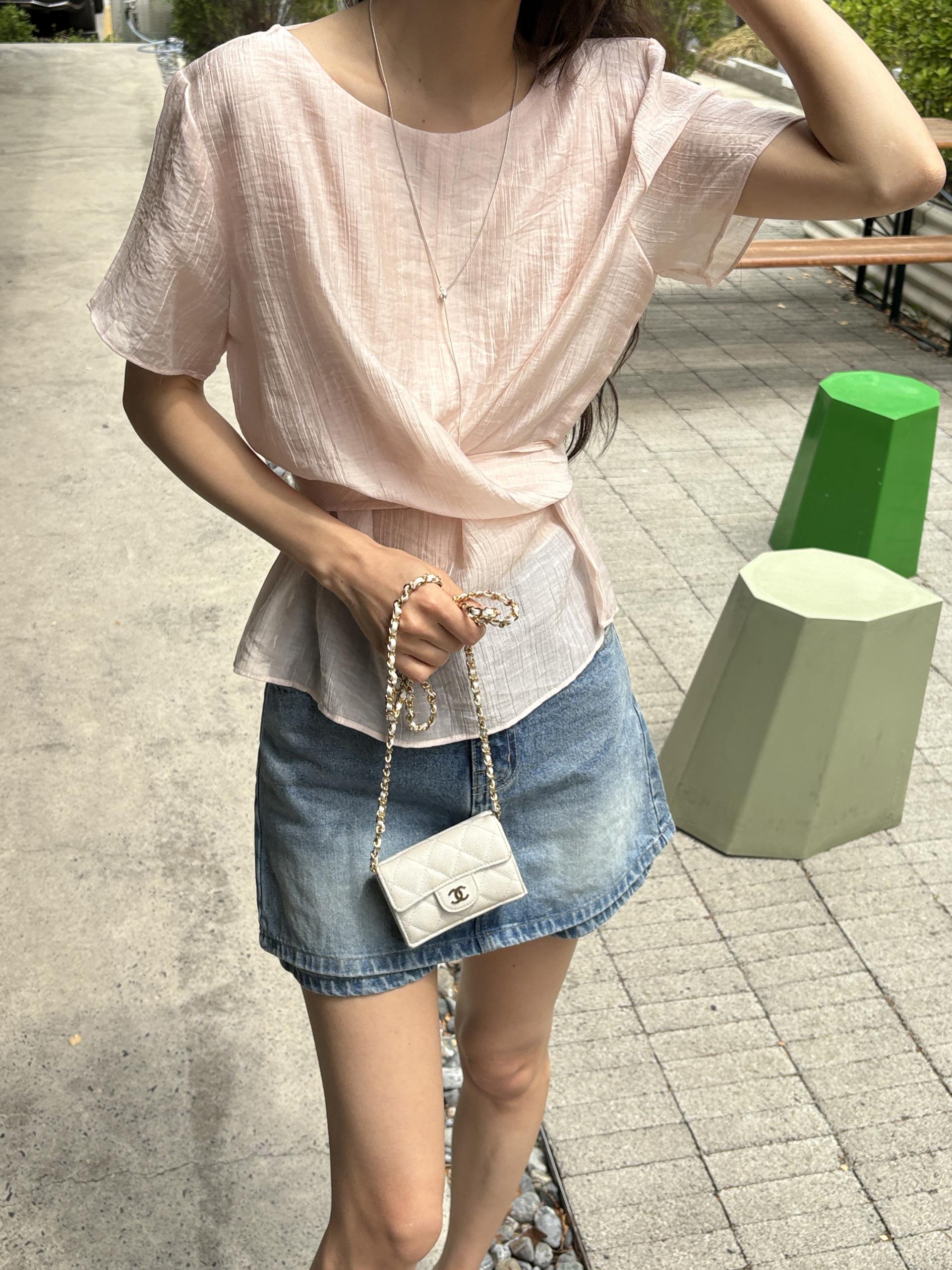 텐셀 파스텔 허리 라인 셔링 랩 꼬임 여름 블라우스 | 4color