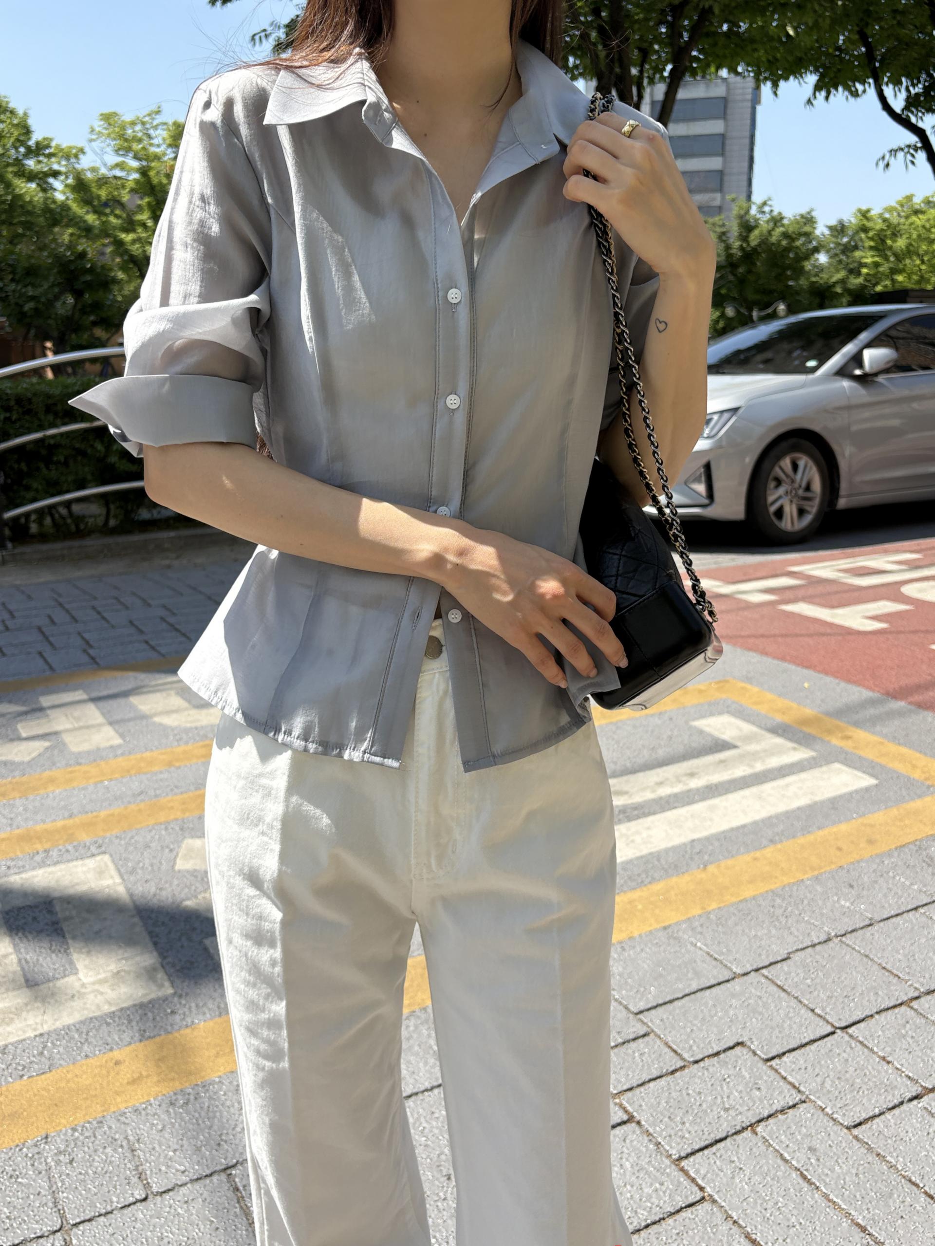퓨리 실키 시스루 슬림 라인 여름 7부 셔츠 블라우스 | 3color
