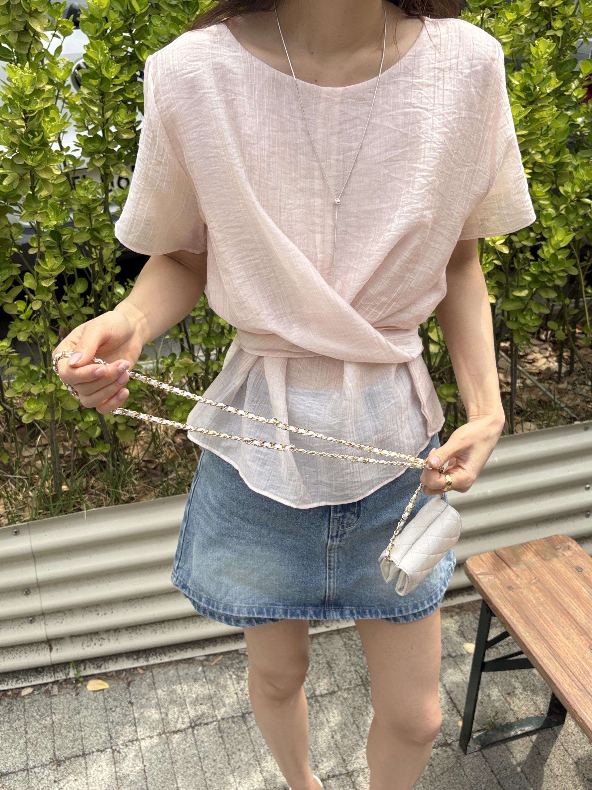 텐셀 파스텔 허리 라인 셔링 랩 꼬임 여름 블라우스 | 4color