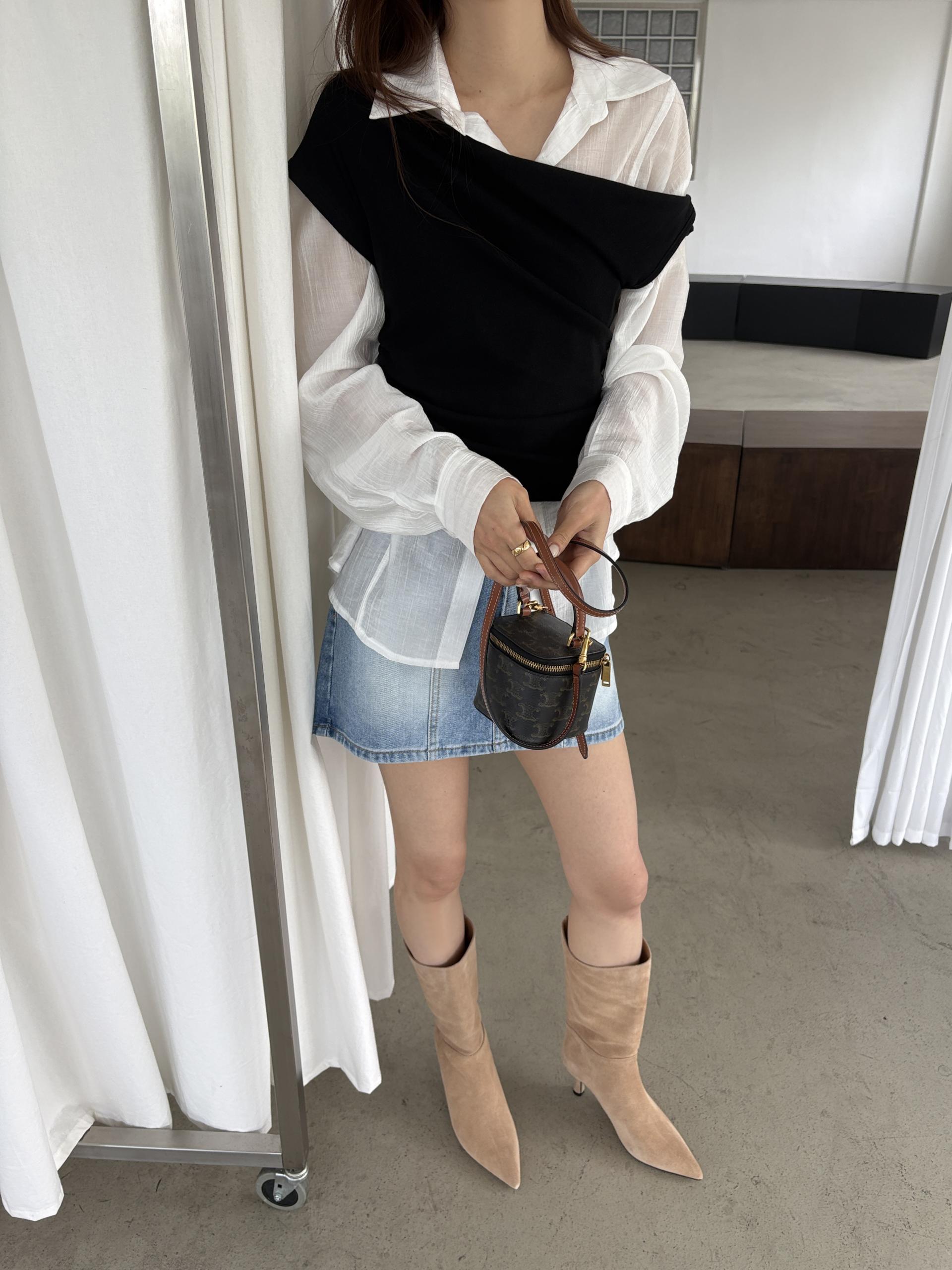 로덴 언발란스 사선 오프숄더 셔링 가을 레이어드 캡소매 티셔츠 탑 | 2color