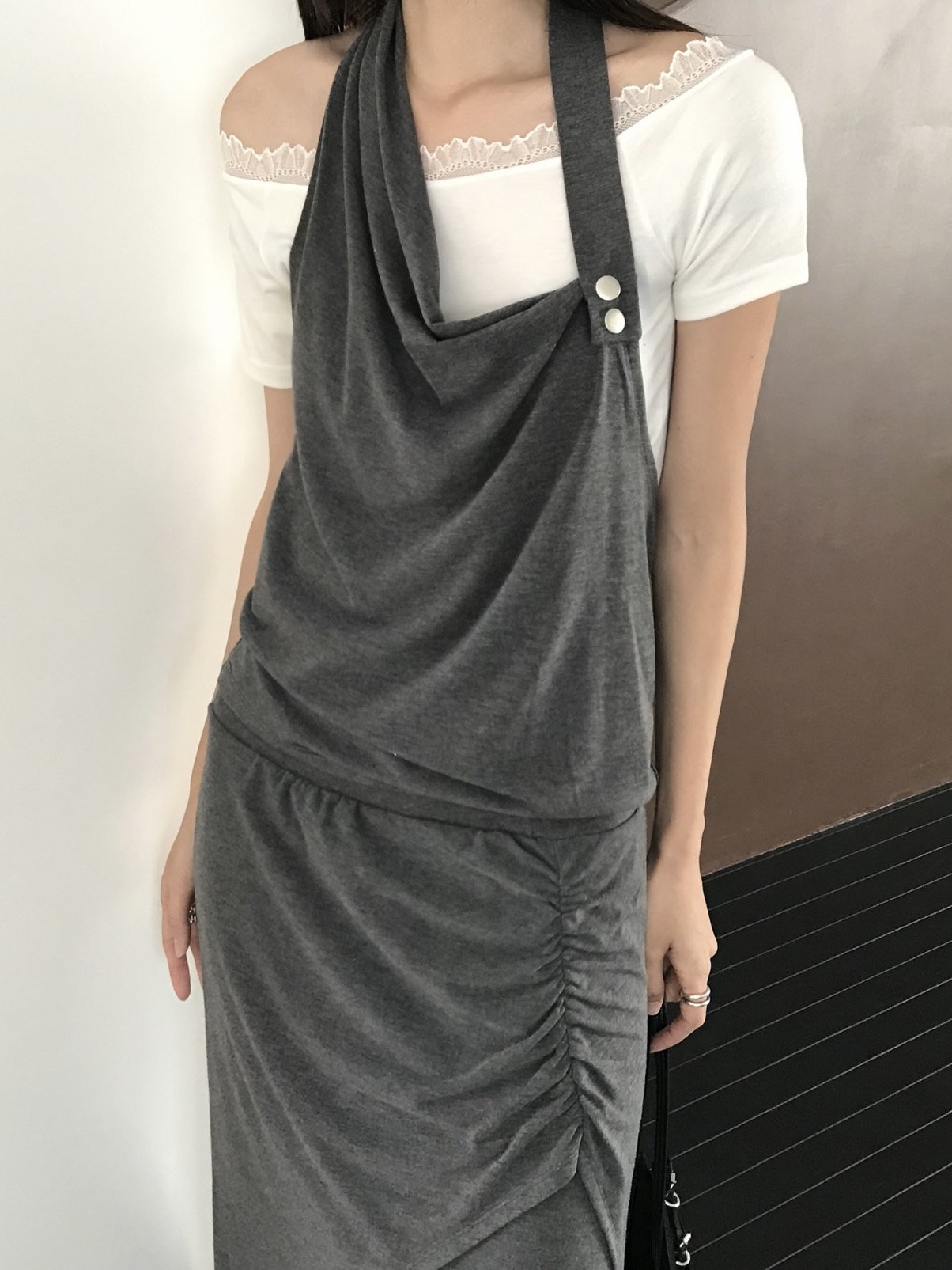 마크 언발란스 셔링 트임 밴딩 여성 여름 레이어드 투피스 맥시 롱 스커트 (그레이, 차콜, 블랙)